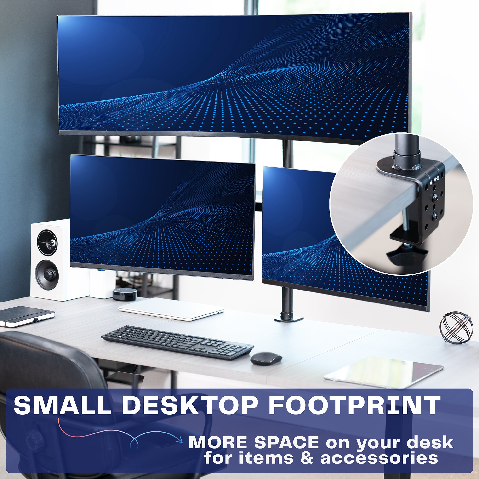 Triple monitor desk mount for ultrawide and standard screens with multiple setup options and flexible placement. Featuring height adjustment, tilt, swivel, rotation, and built-in cable management.