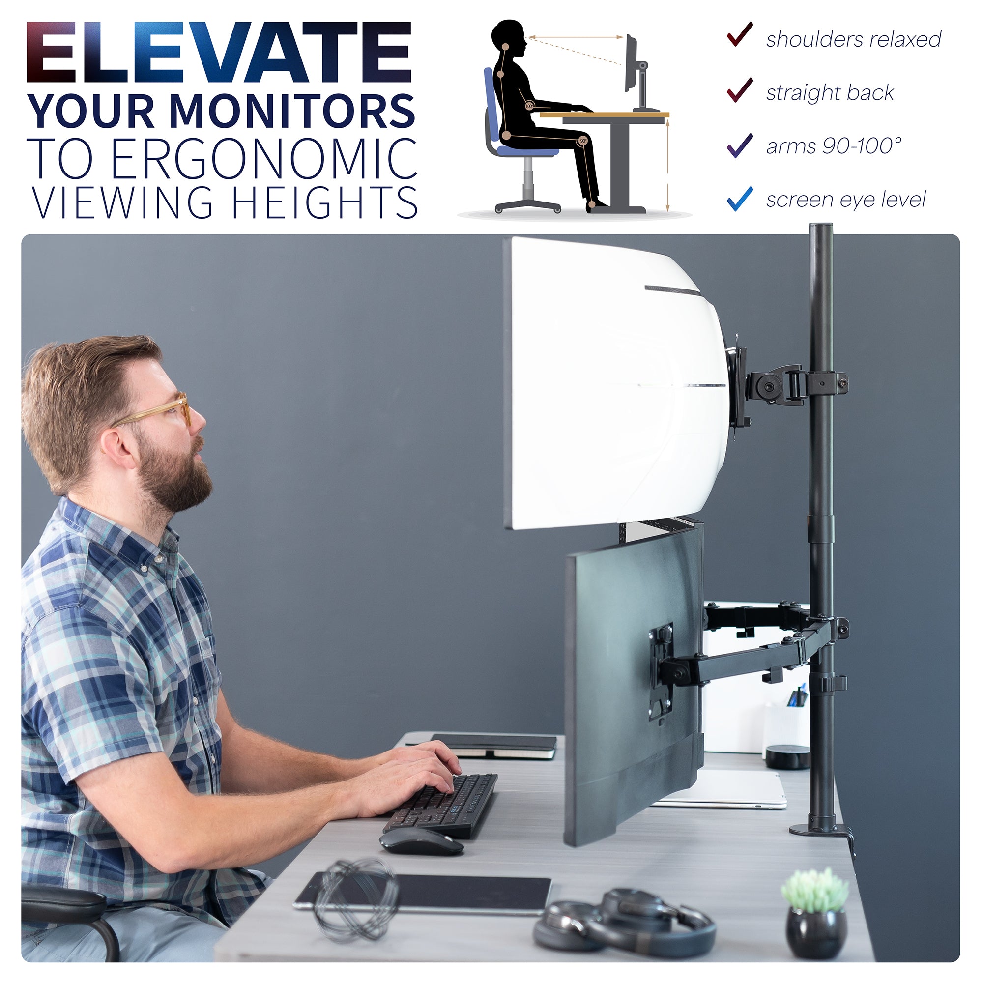 Triple monitor desk mount for ultrawide and standard screens with multiple setup options and flexible placement. Featuring height adjustment, tilt, swivel, rotation, and built-in cable management.