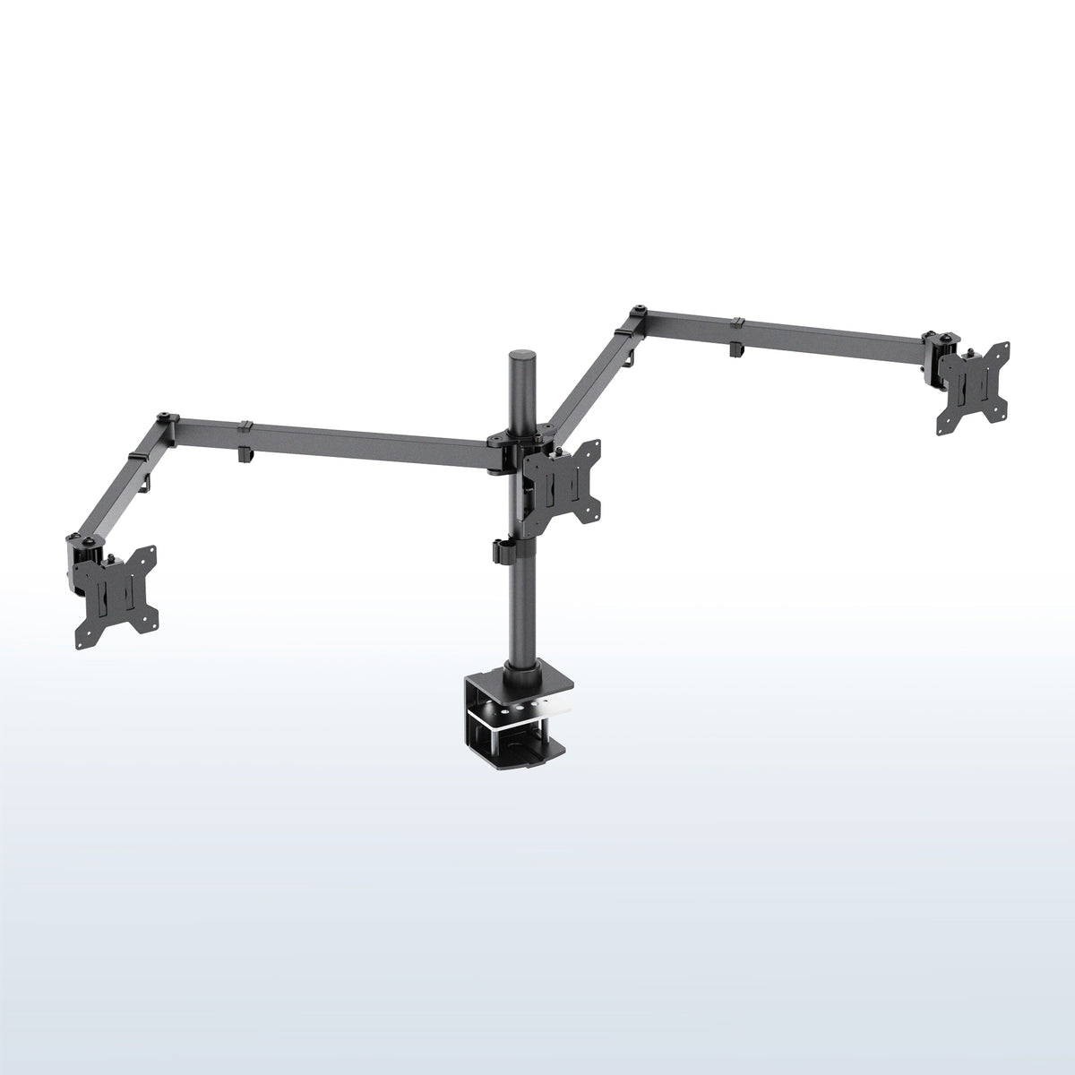 A three-monitor adjustable desktop monitor arm mount with a central vertical column and three extendable arms, shown on a light gray gradient background.