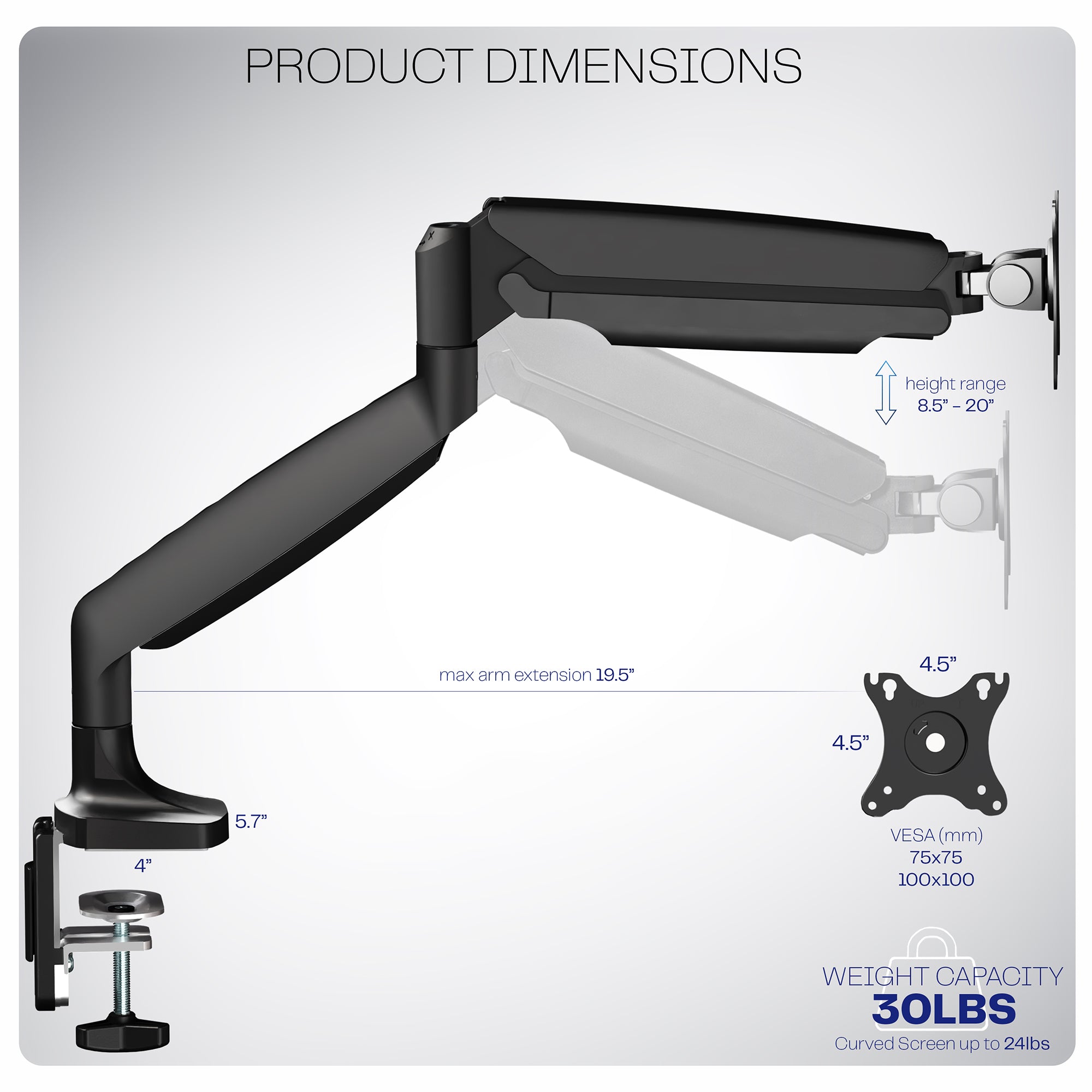 Pneumatic Arm Single Ultrawide Monitor Desk Mount - Up to 40" Screens