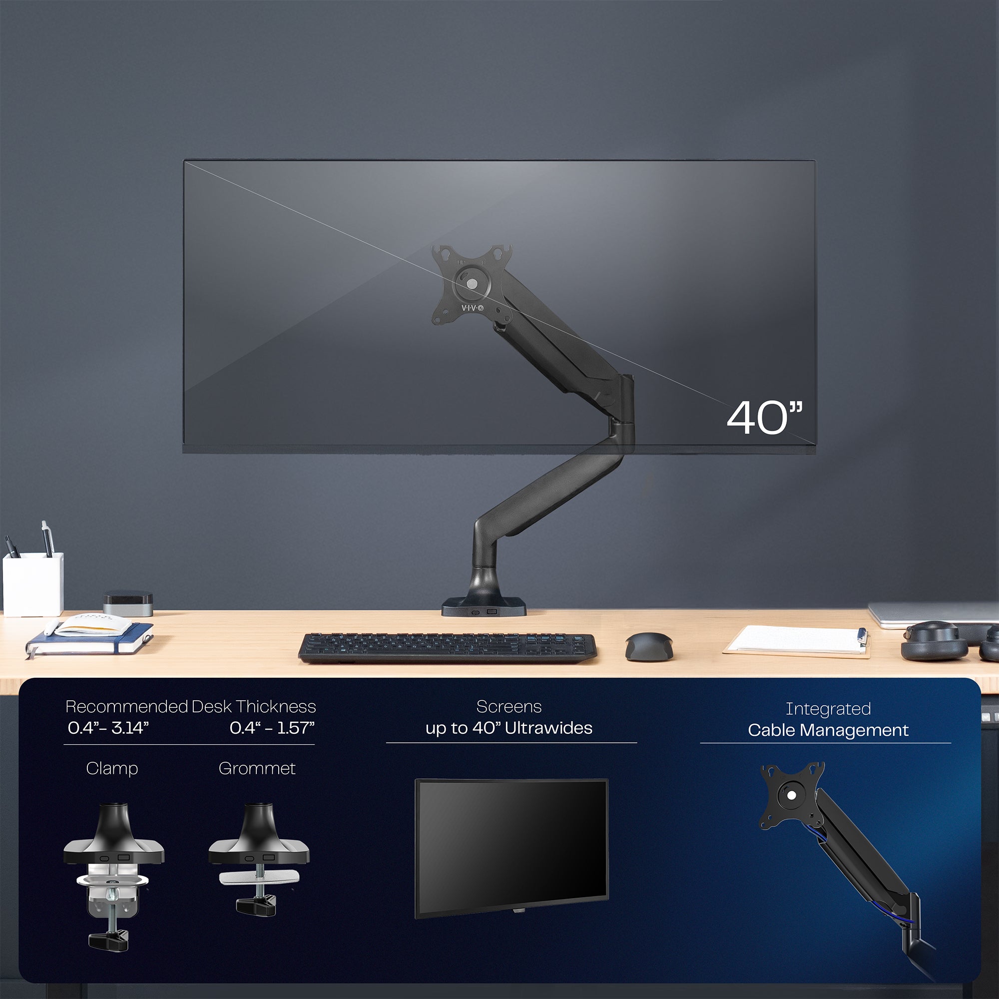 Pneumatic Arm Single Ultrawide Monitor Desk Mount - Up to 40" Screens
