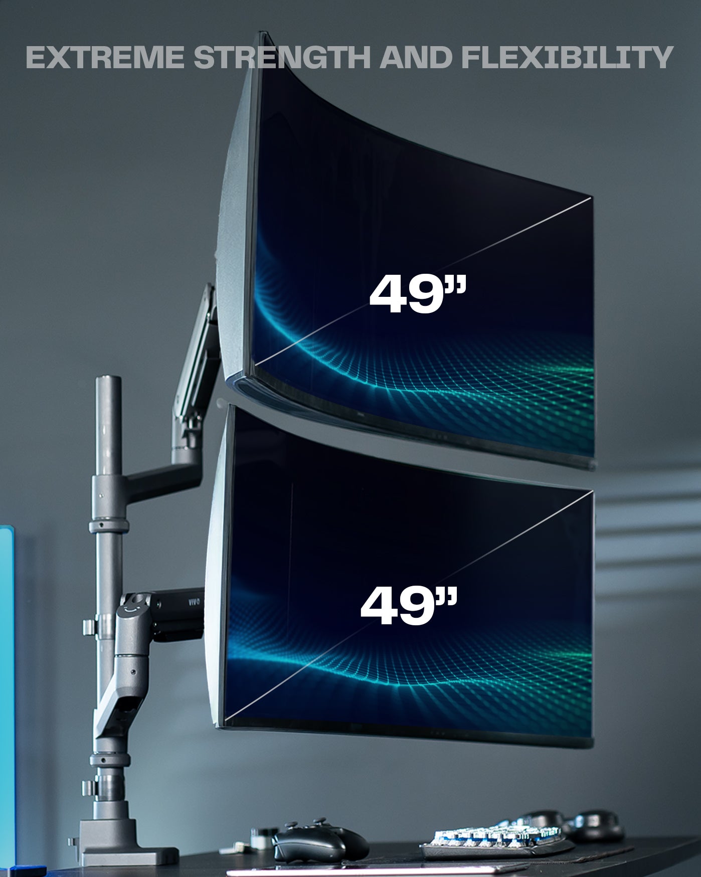 Dual monitor ultrawide desk mount with extending arms. Featuring height adjustment, tilt, swivel, rotation, and integrated cable management.