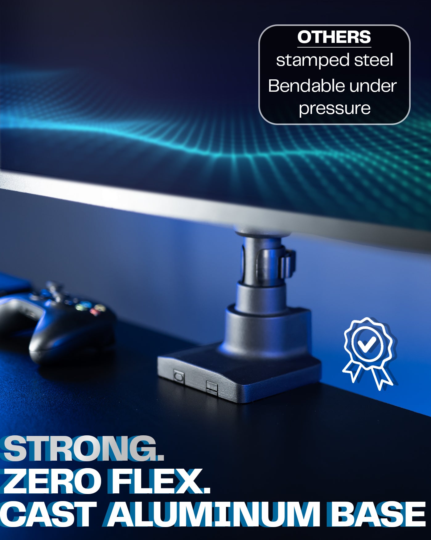 Dual monitor ultrawide desk mount with extending arms. Featuring height adjustment, tilt, swivel, rotation, and integrated cable management.