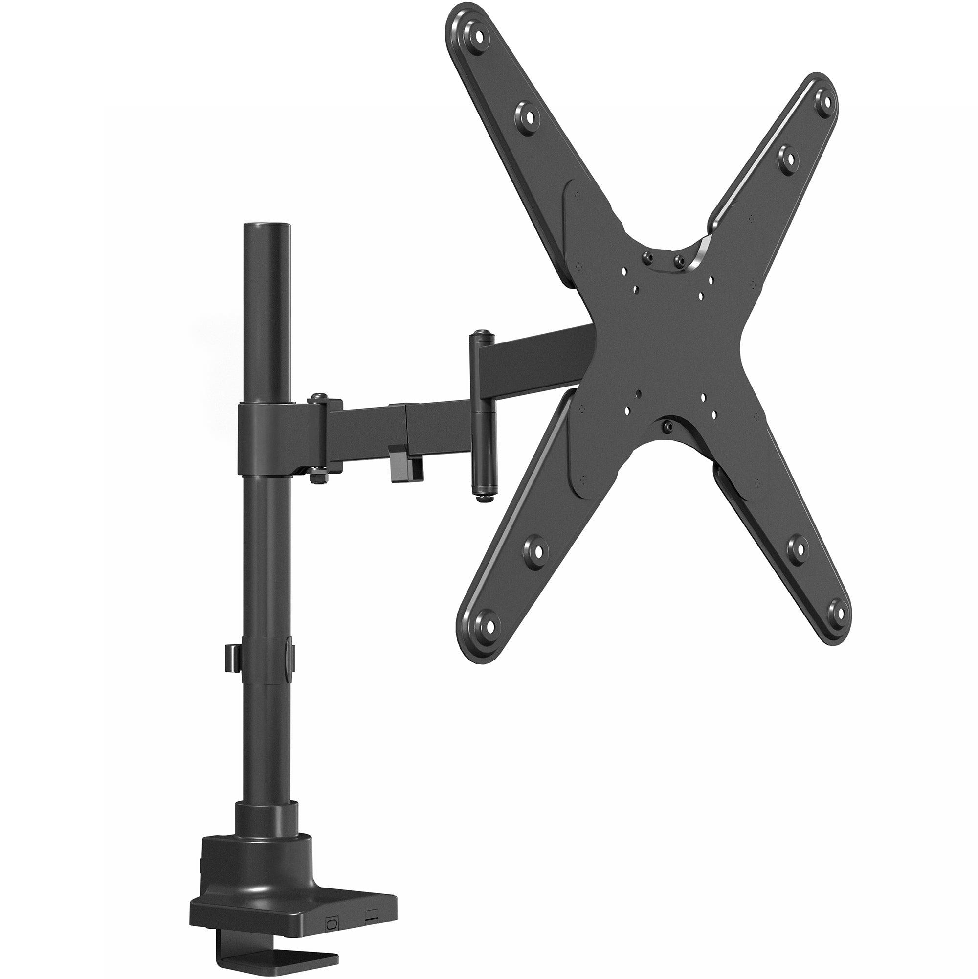 Low profile TV desk mount with articulating arm with cable management.