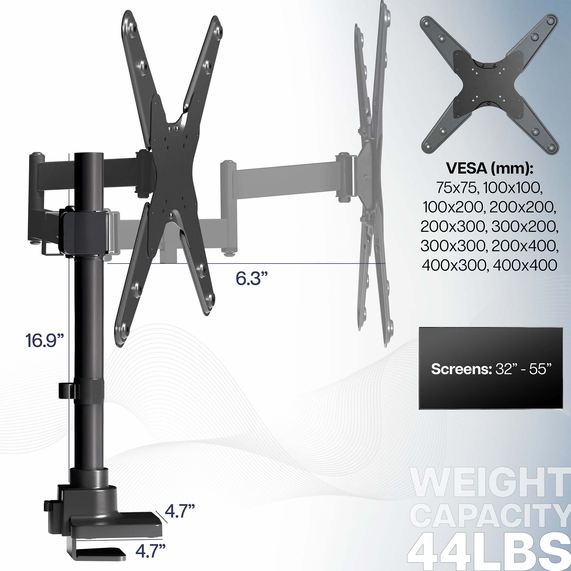 Low profile TV desk mount with articulating arm with cable management.