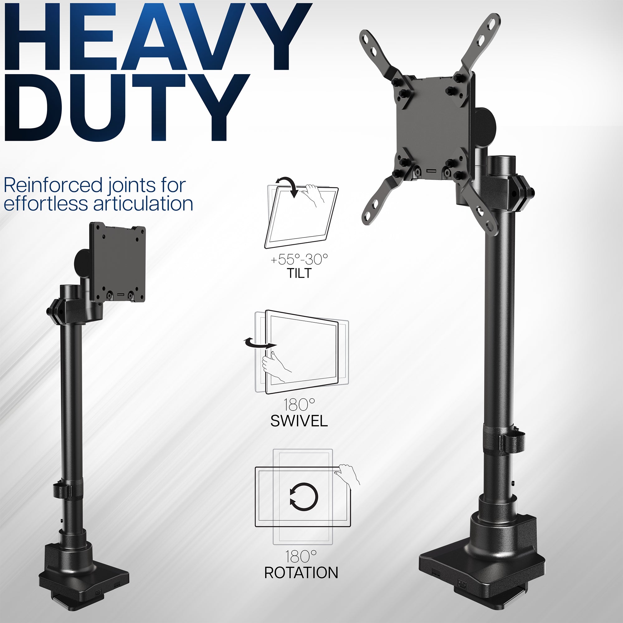Heavy-duty monitor stand with articulation features on a gray background