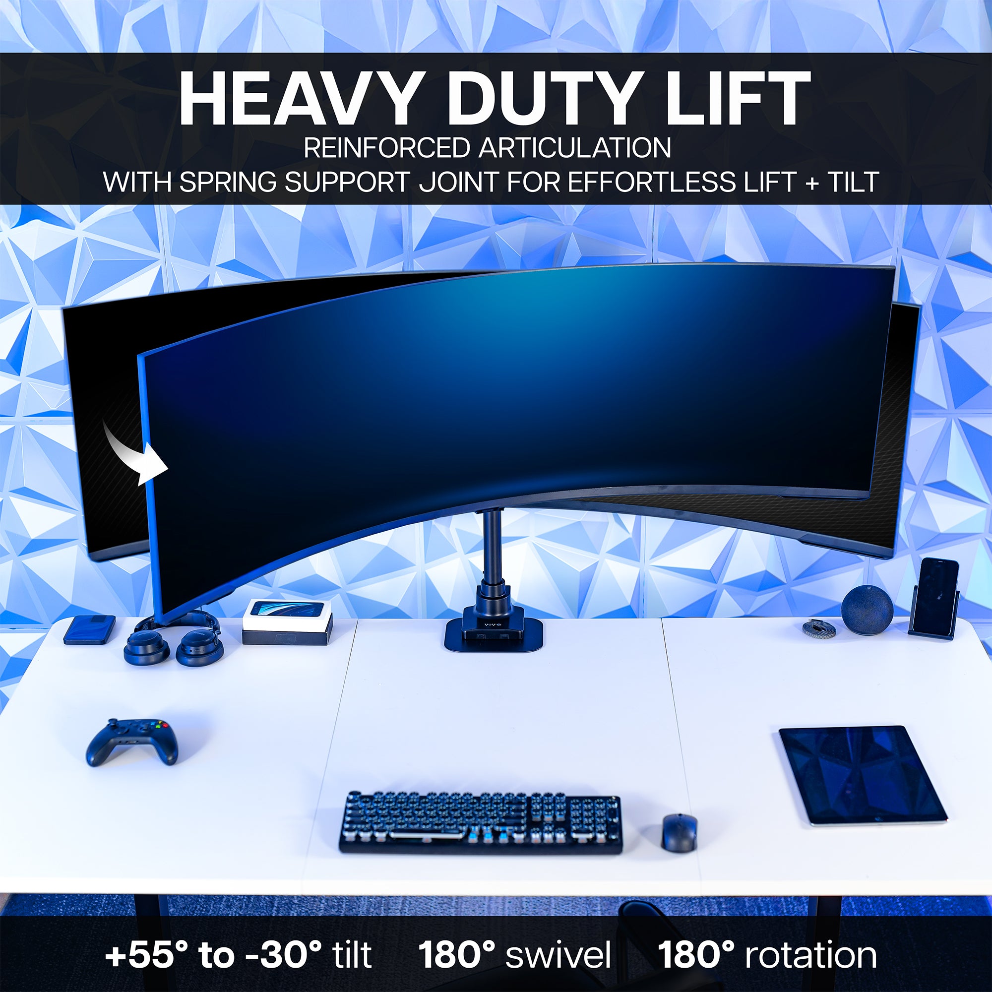 Computer monitor on a desk with text about heavy-duty lift features