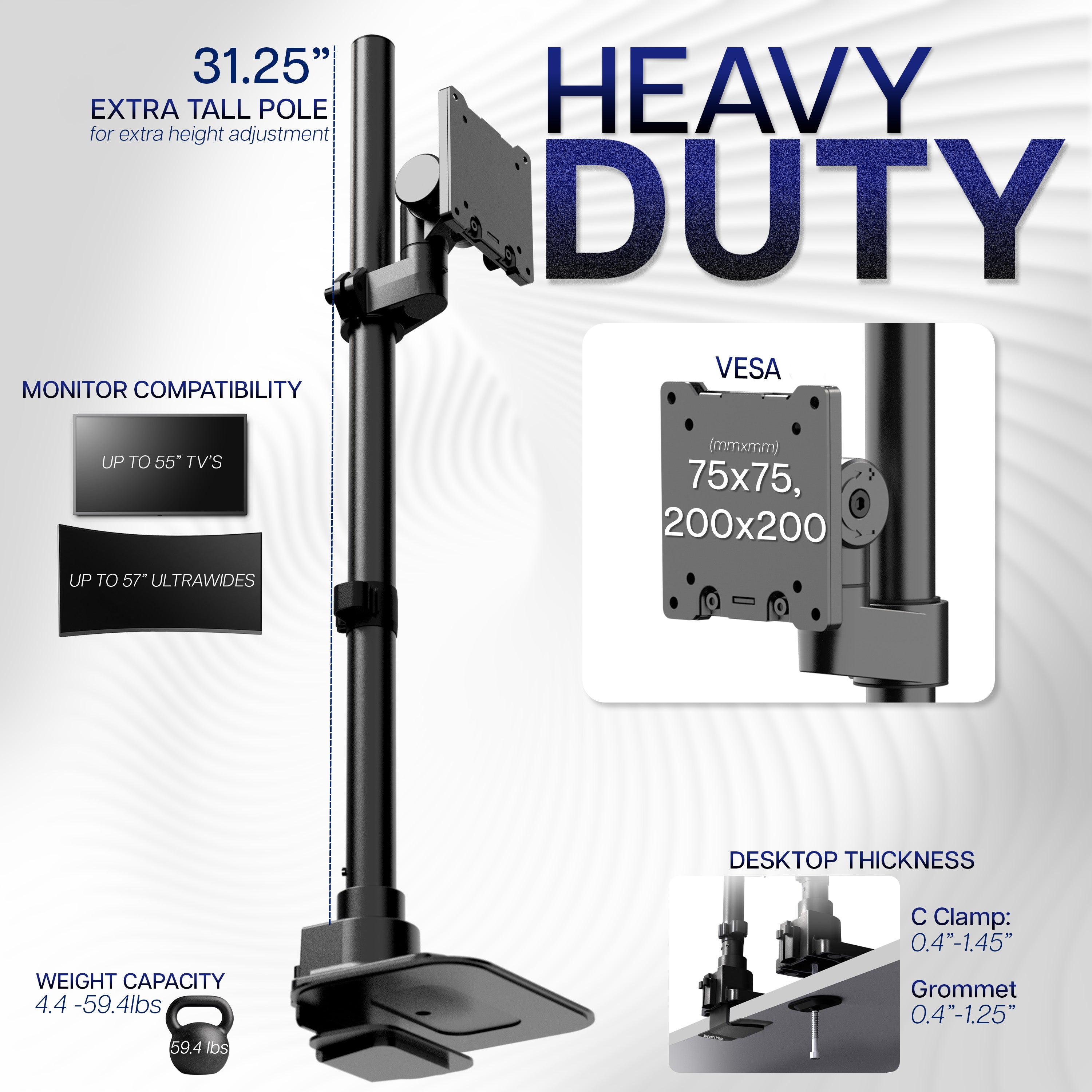 Heavy-duty monitor monitor stand with specifications on a white background