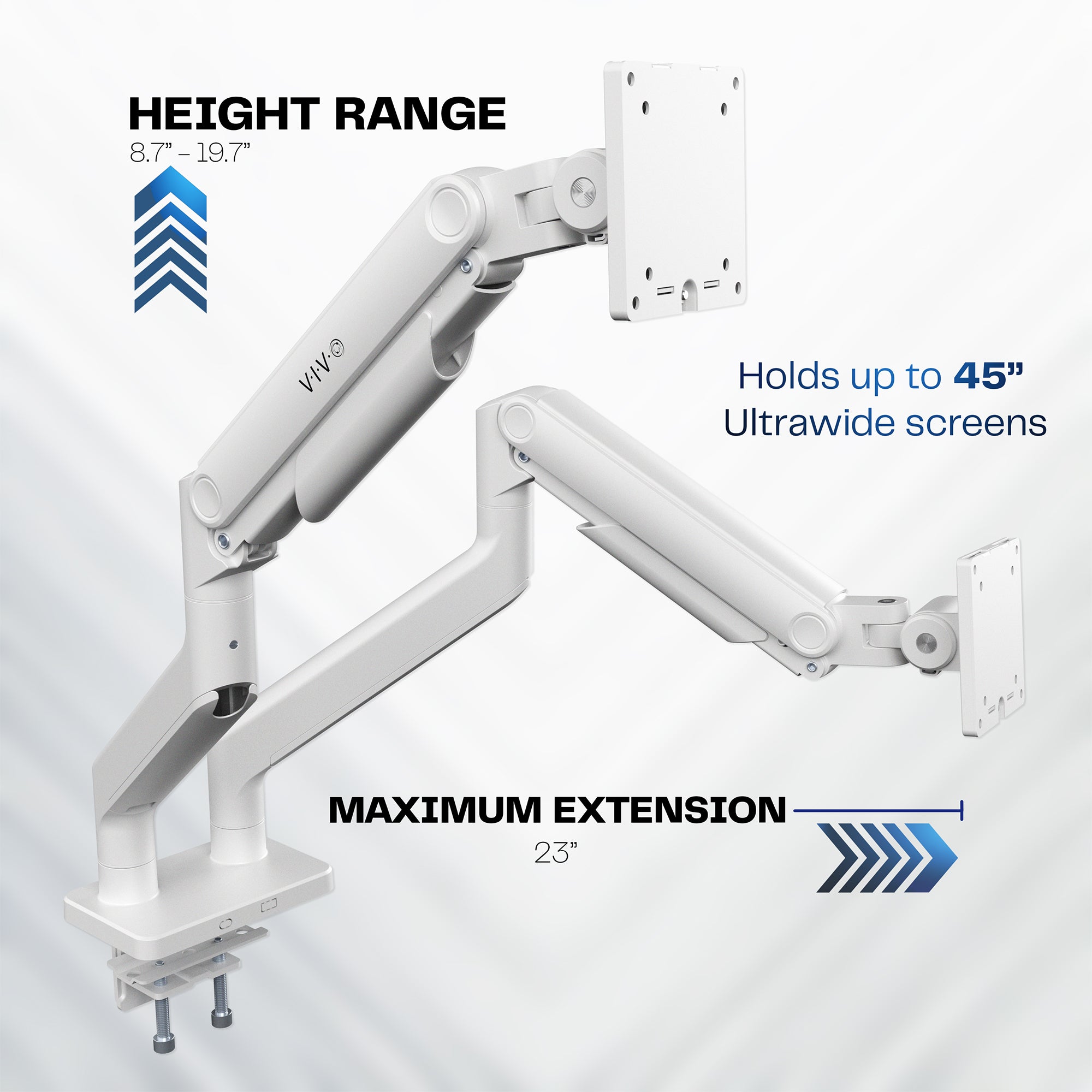 White monitor arms with height range, maximum extension, and screen size information on a light gray background.
