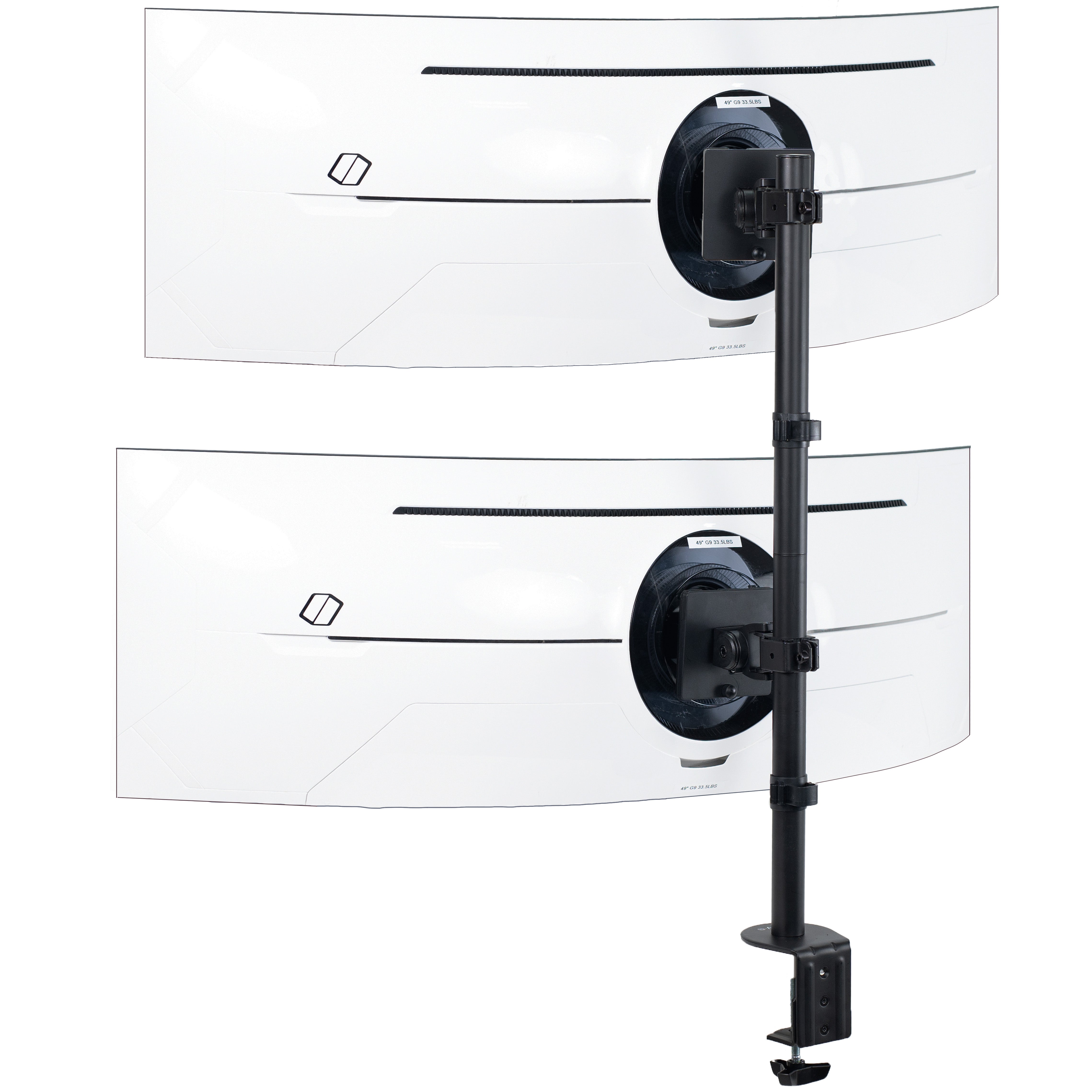 Stacked vertical dual monitor ultrawide desk mount with height adjustment, tilt, swivel, and integrated cable management.