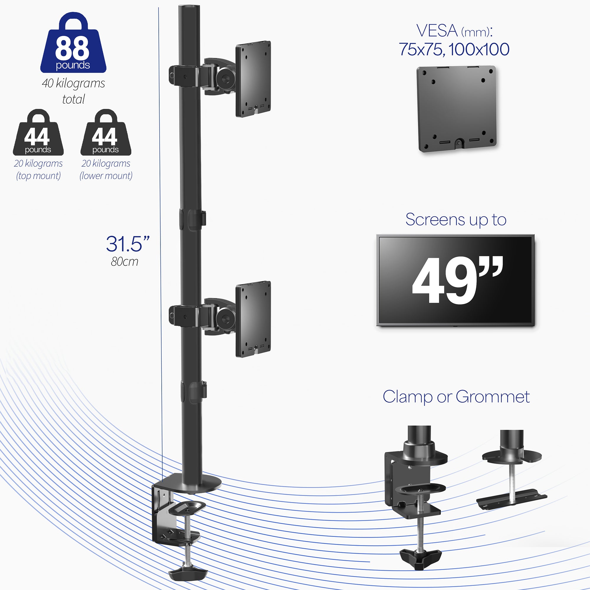 Stacked vertical dual monitor ultrawide desk mount with height adjustment, tilt, swivel, and integrated cable management.