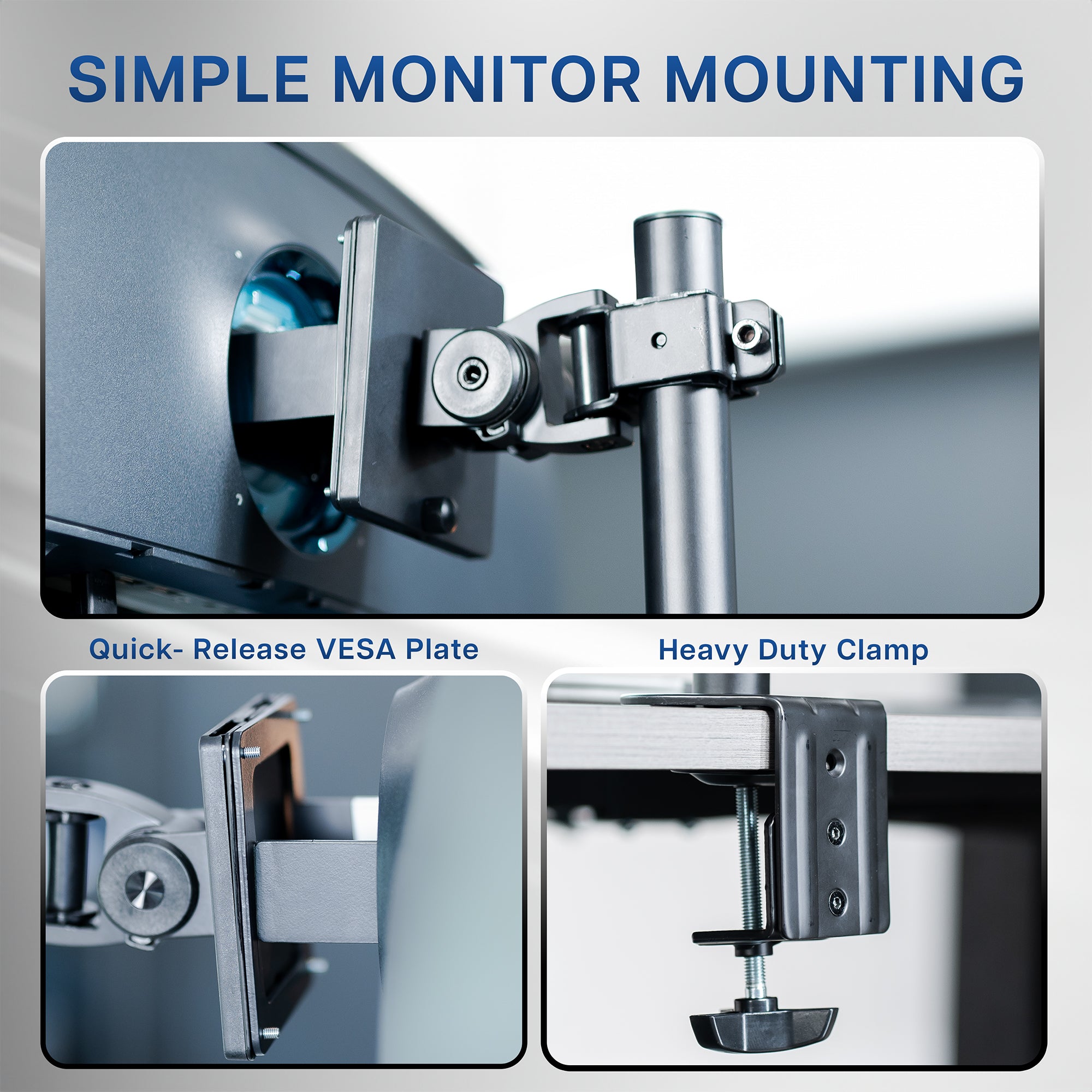 Stacked vertical dual monitor ultrawide desk mount with height adjustment, tilt, swivel, and integrated cable management.