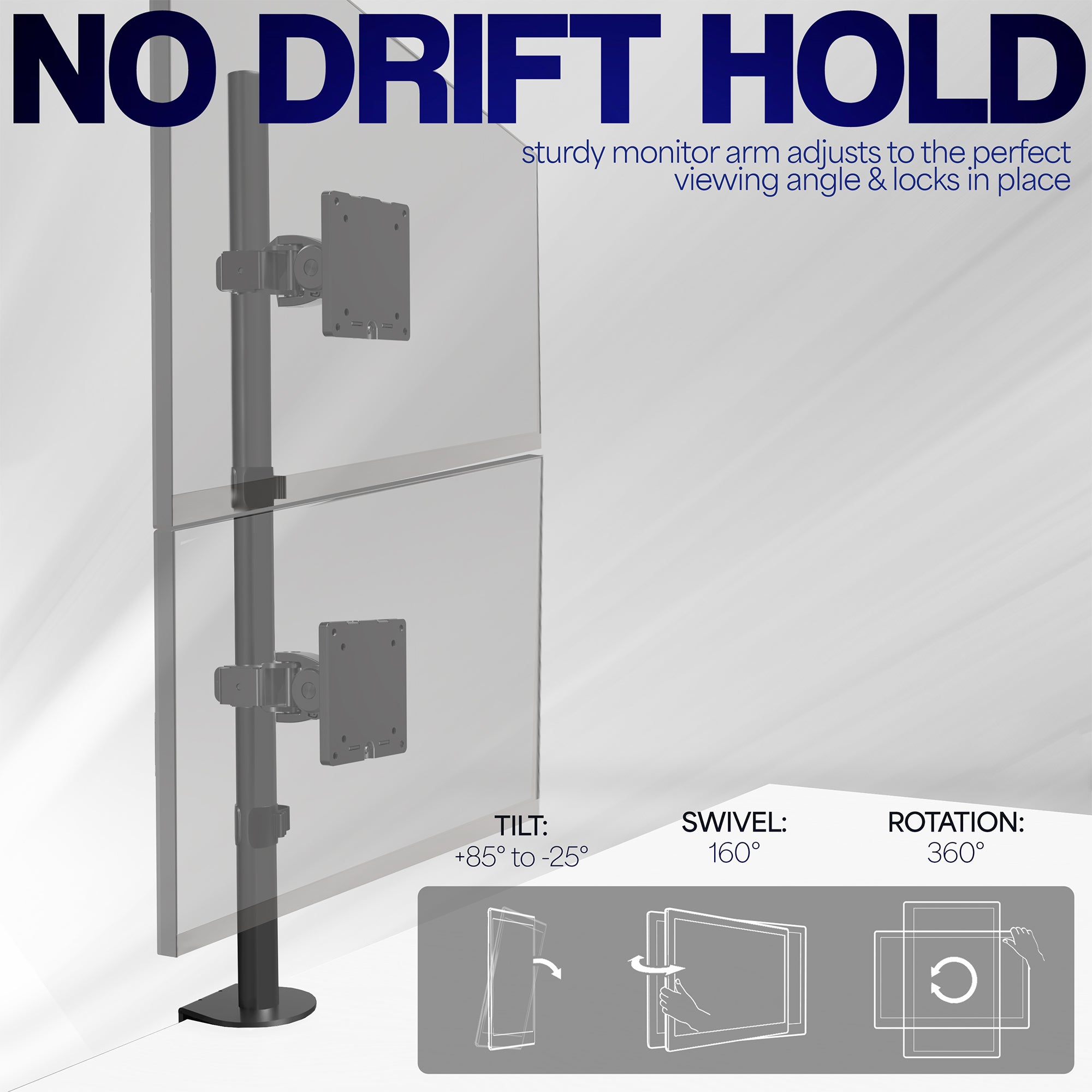 Stacked vertical dual monitor ultrawide desk mount with height adjustment, tilt, swivel, and integrated cable management.