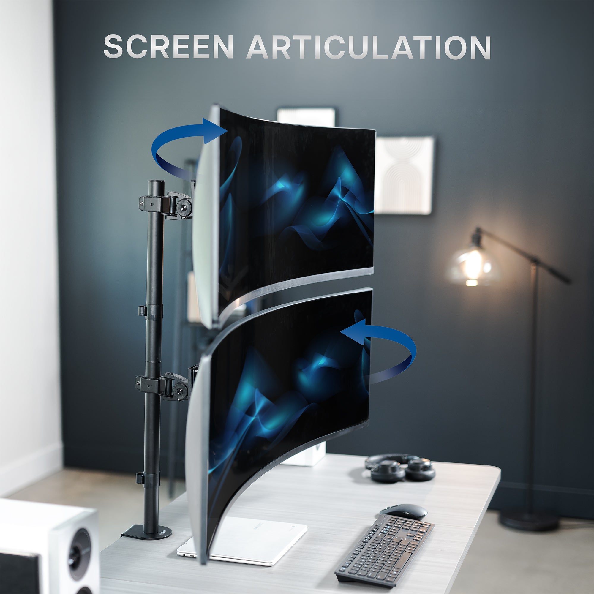 Stacked vertical dual monitor ultrawide desk mount with height adjustment, tilt, swivel, and integrated cable management.