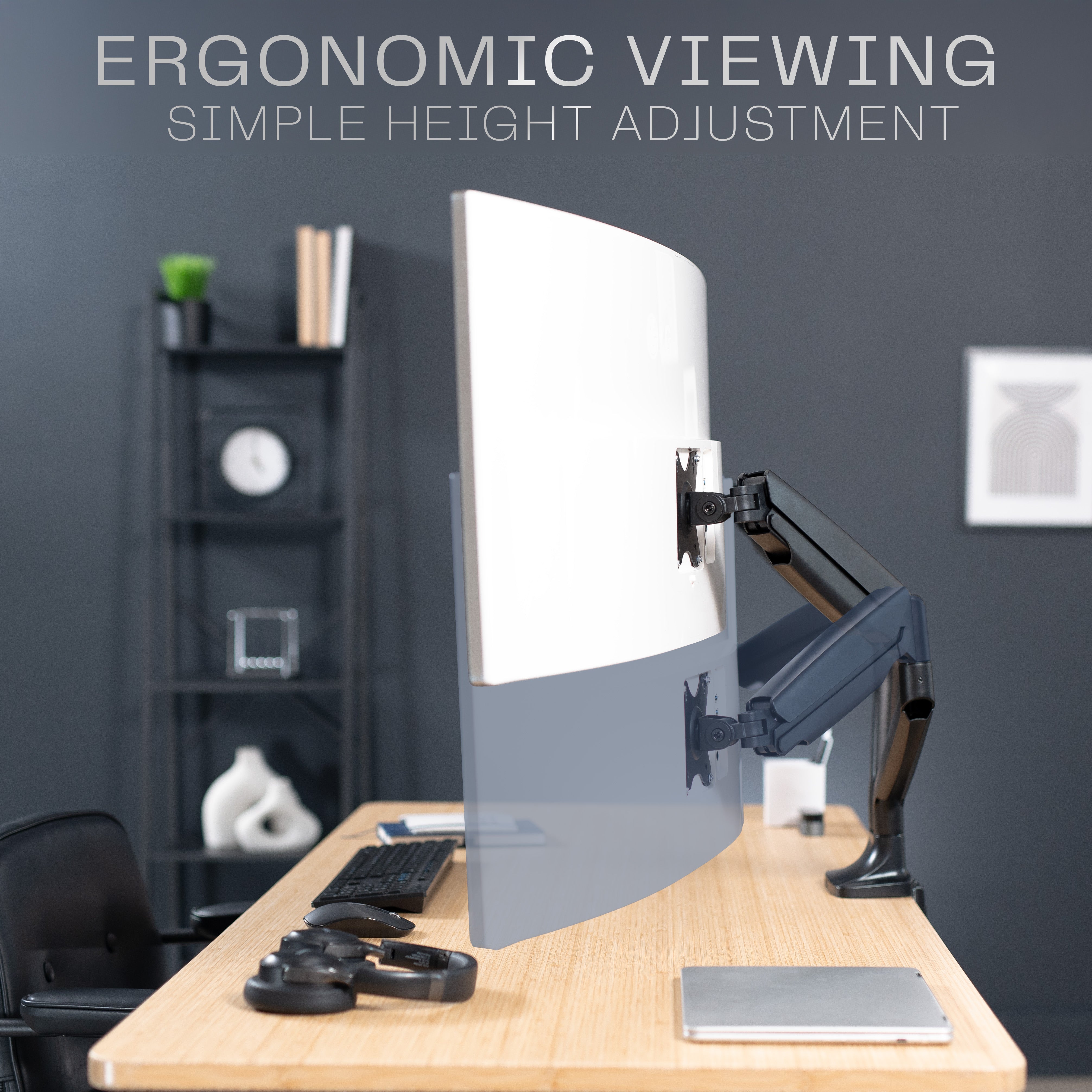 A dual ultrawide monitor desk mount with pneumatic arms with text showing height adjustment.