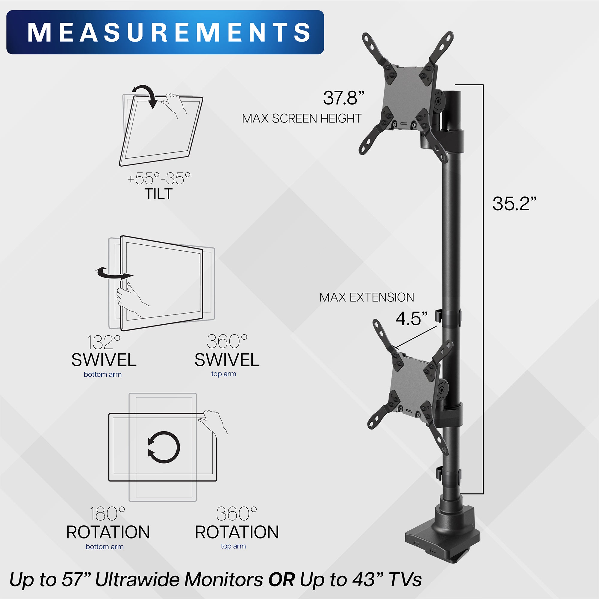 Monitor stand with measurement details on a white background