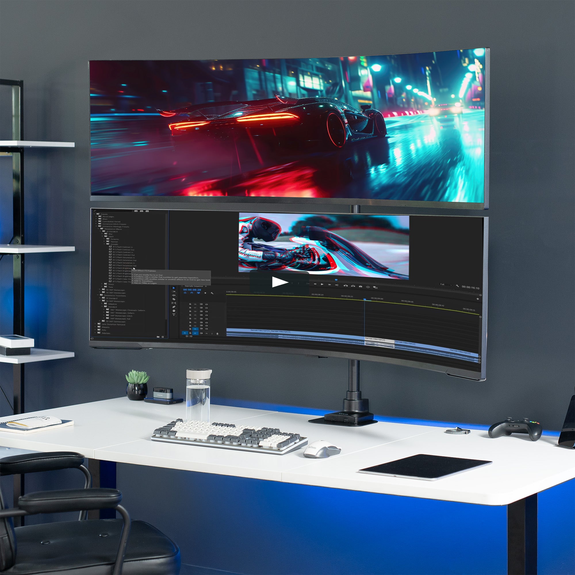 Two computer monitors on a desk with a dark wall background