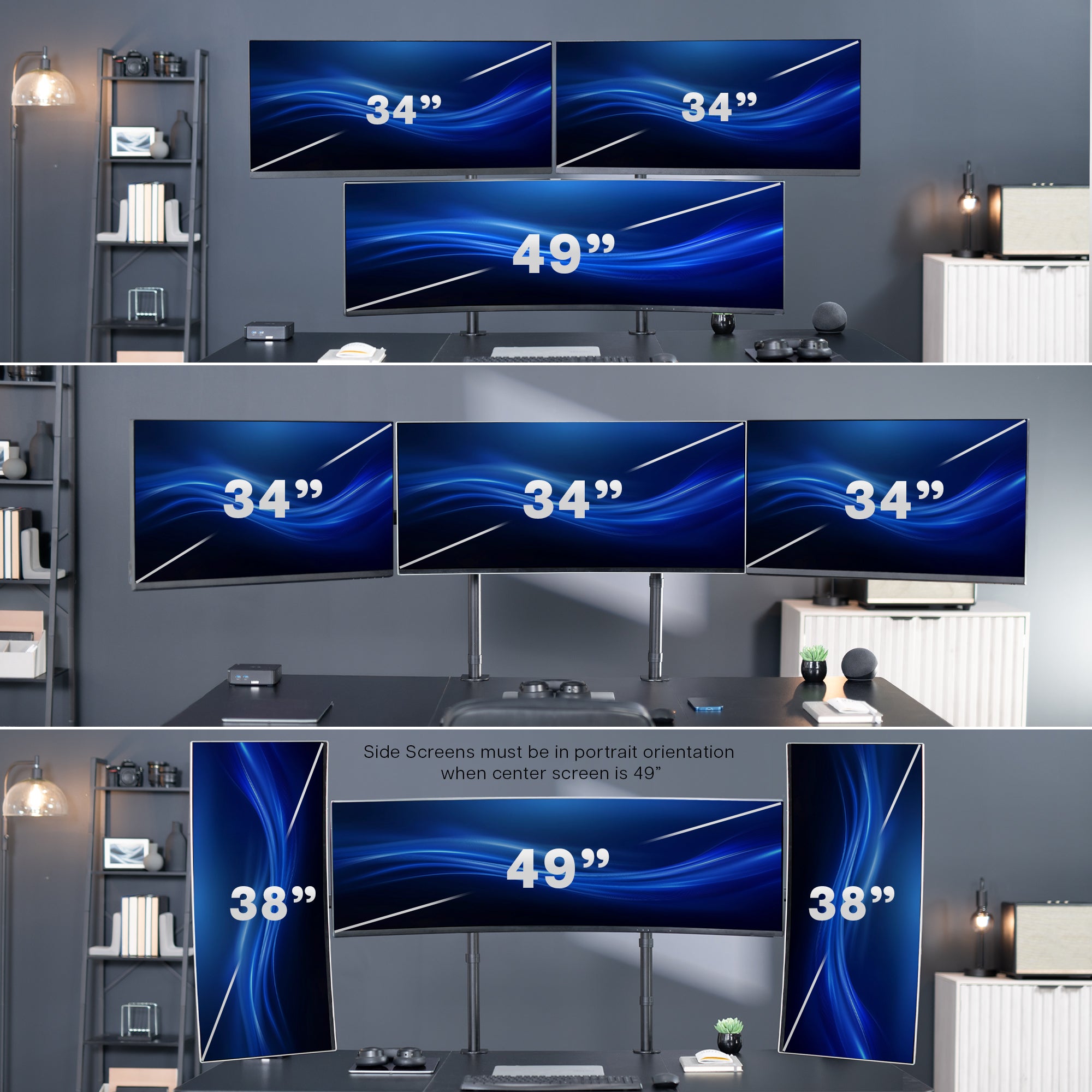 2-Pole Triple Monitor Desk Mount (1 Ultrawide + 2 Standard) - Up to 49" Screens