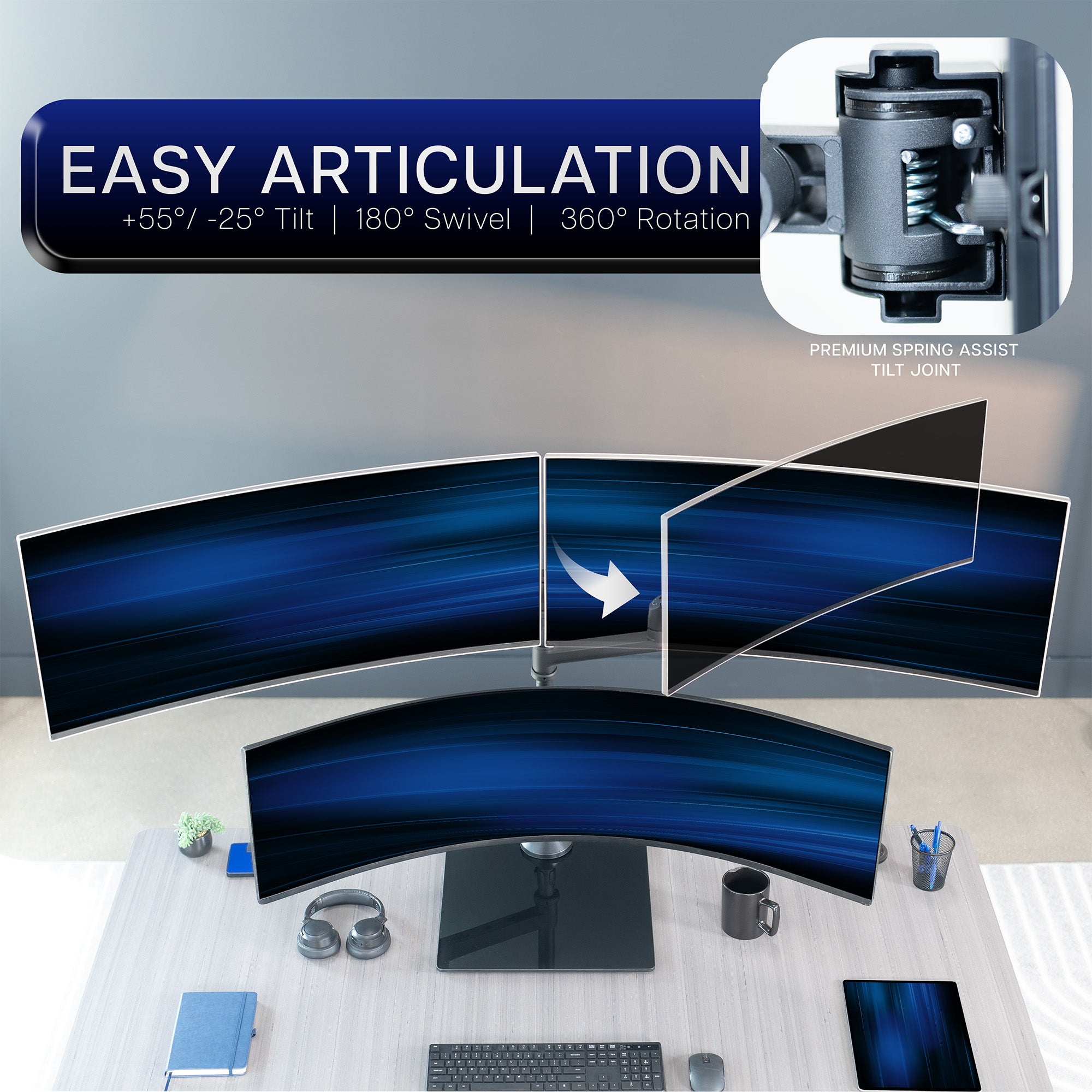 Pneumatic Arm Triple Ultrawide Monitor Extra Tall Desk Stand - Up to 49" Screens