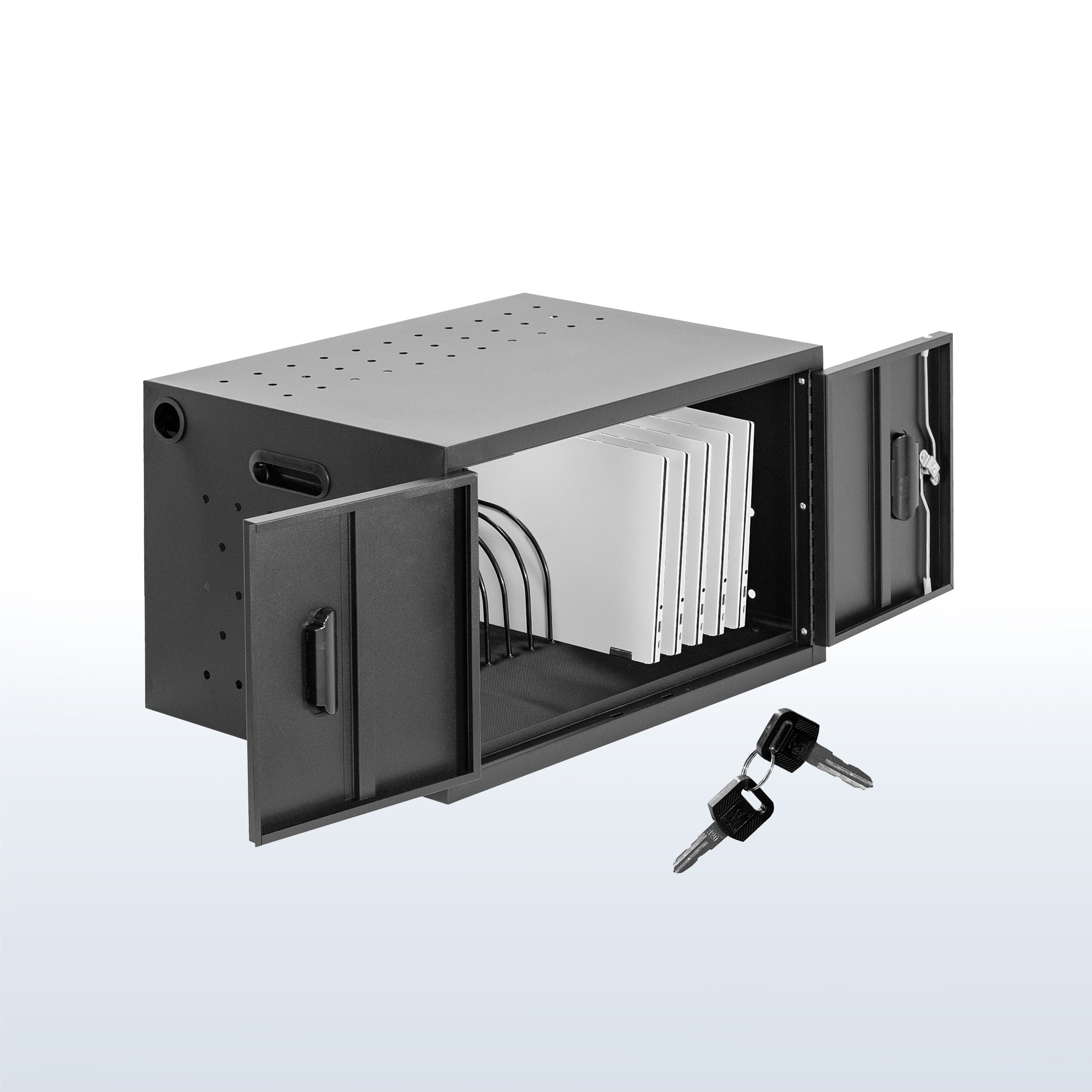 Locking charging station cabinet for 16 devices. Power strip and cable clips make organization easy and ventilation holes and padding provide safe storage. Conveniently place on a flat surface or mount to a wall. Perfect for schools, offices, and more.