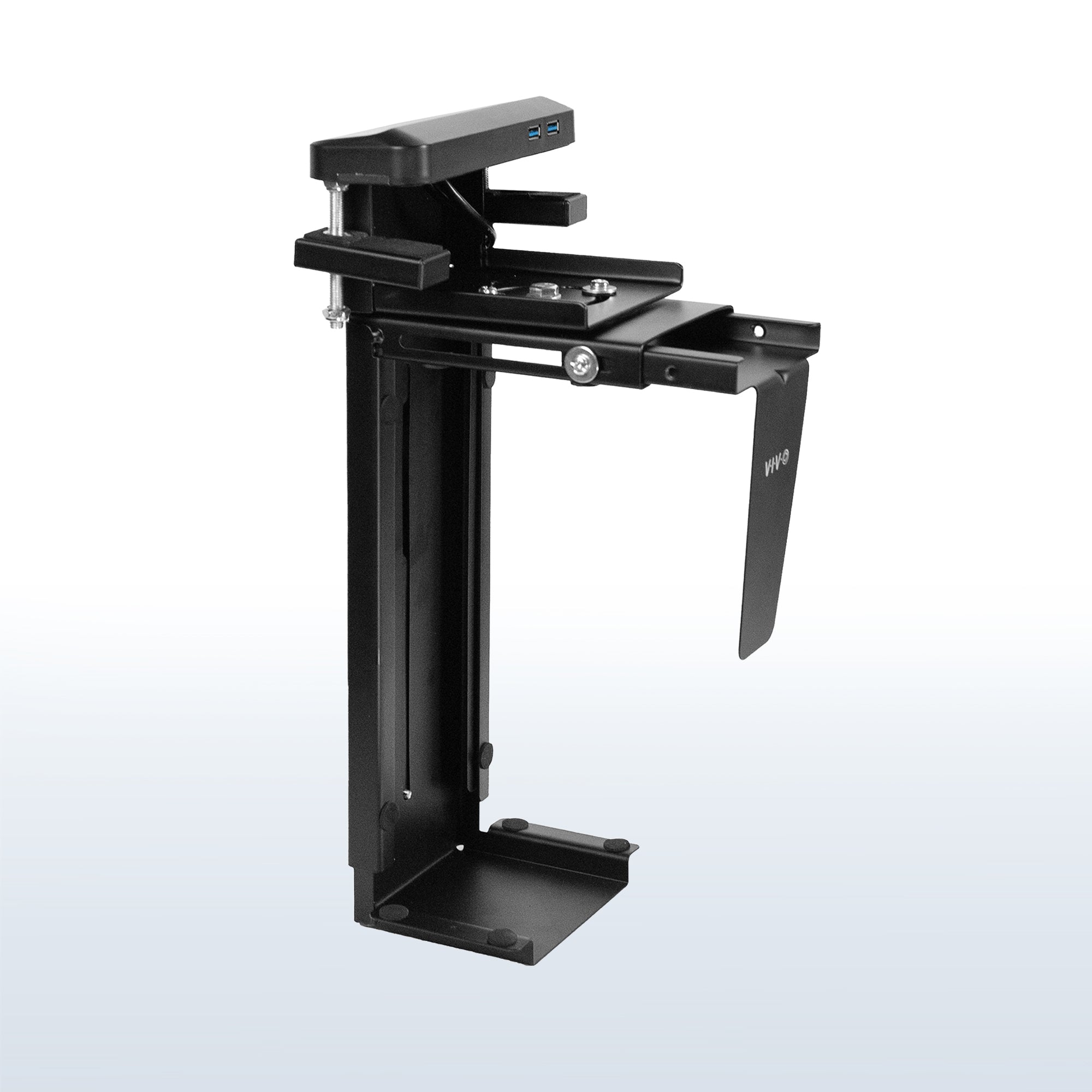Sturdy clamp-on mount computer holder with USB ports for convenient charging and connecting to PC.