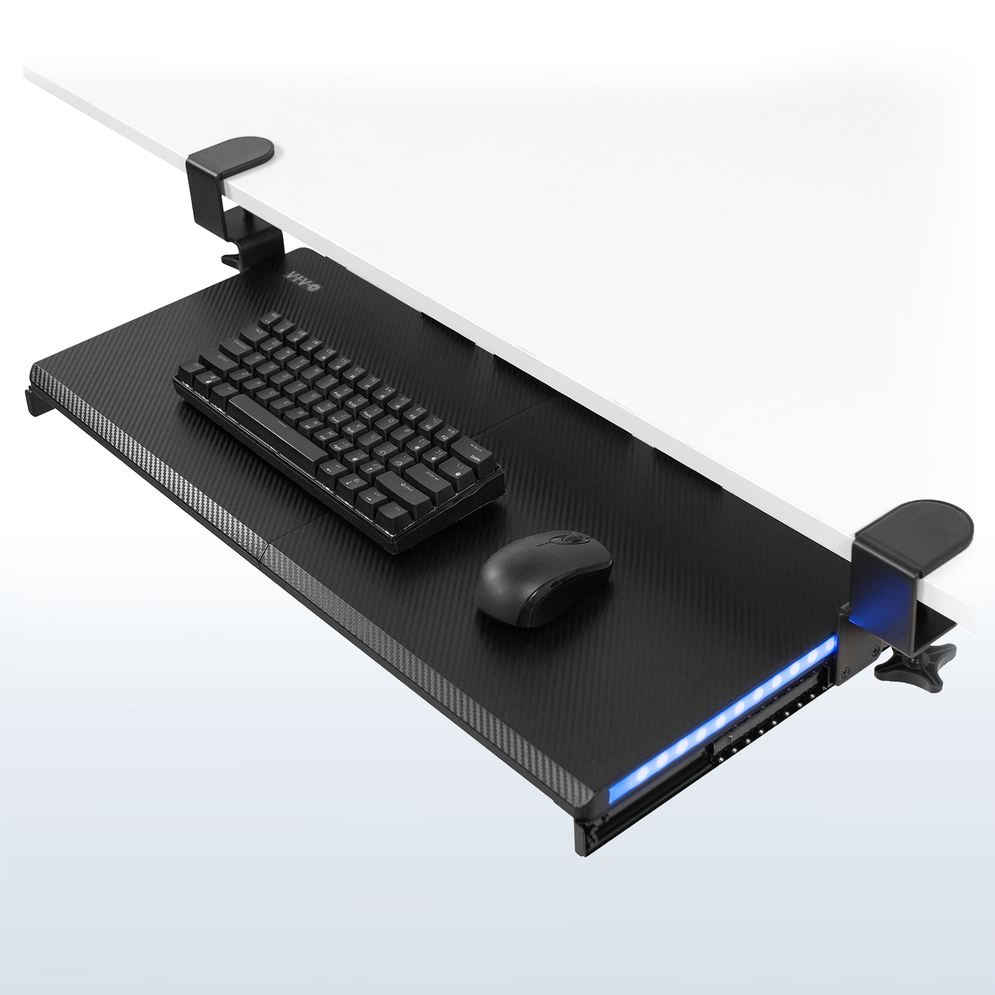 Clamp-on desk keyboard tray with RGB side lights.