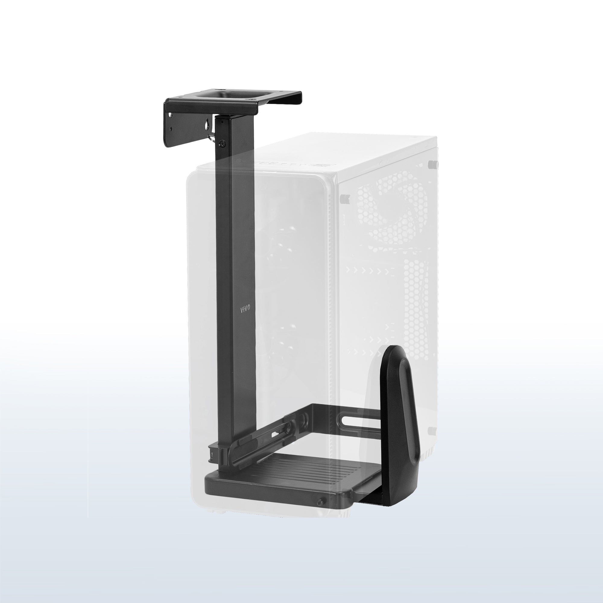 Large heavy-duty adjustable space saving under desk PC mount.
