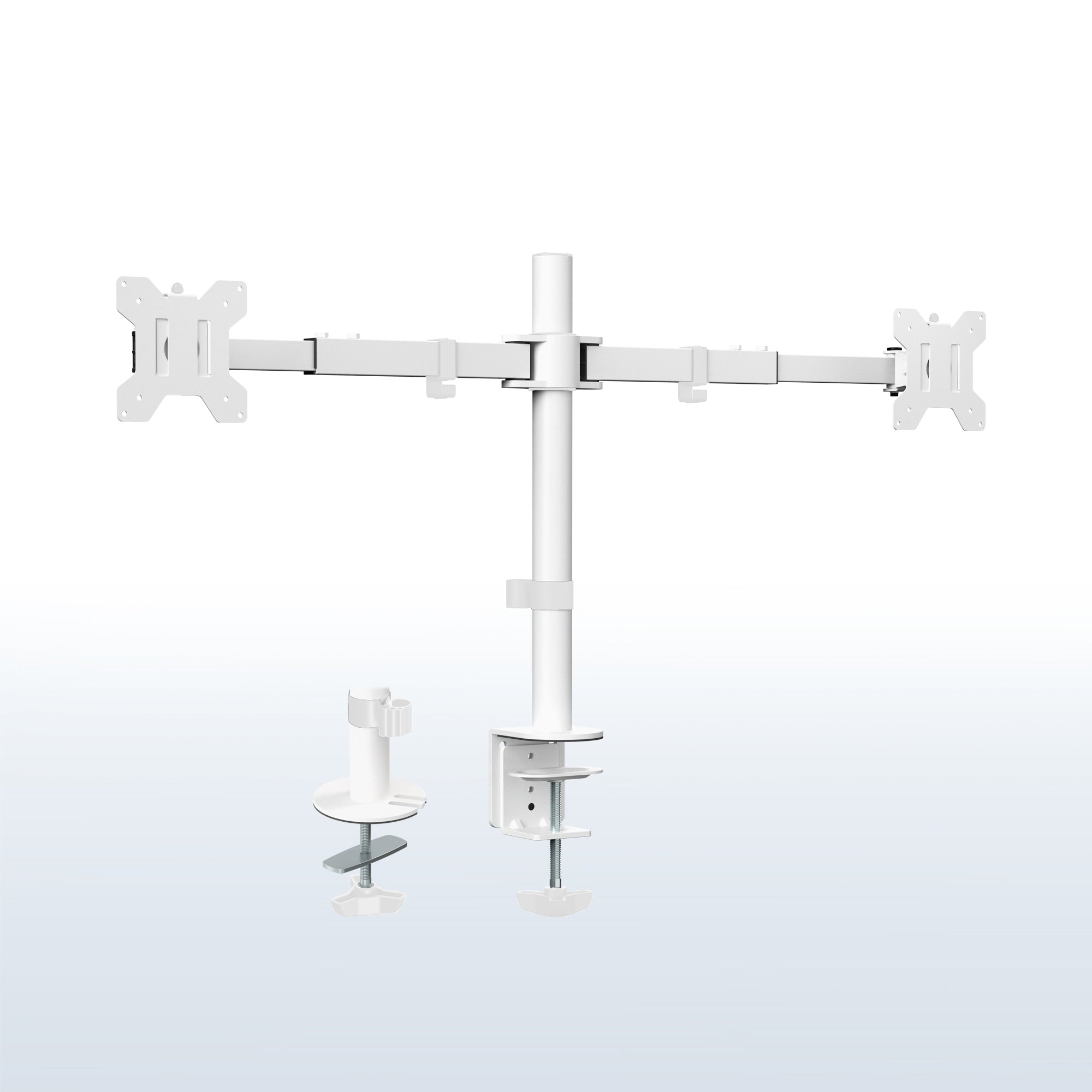 A white multi-monitor TV wall mount bracket with two detachable display arms and a central vertical pole, shown on a clean light blue gradient background.