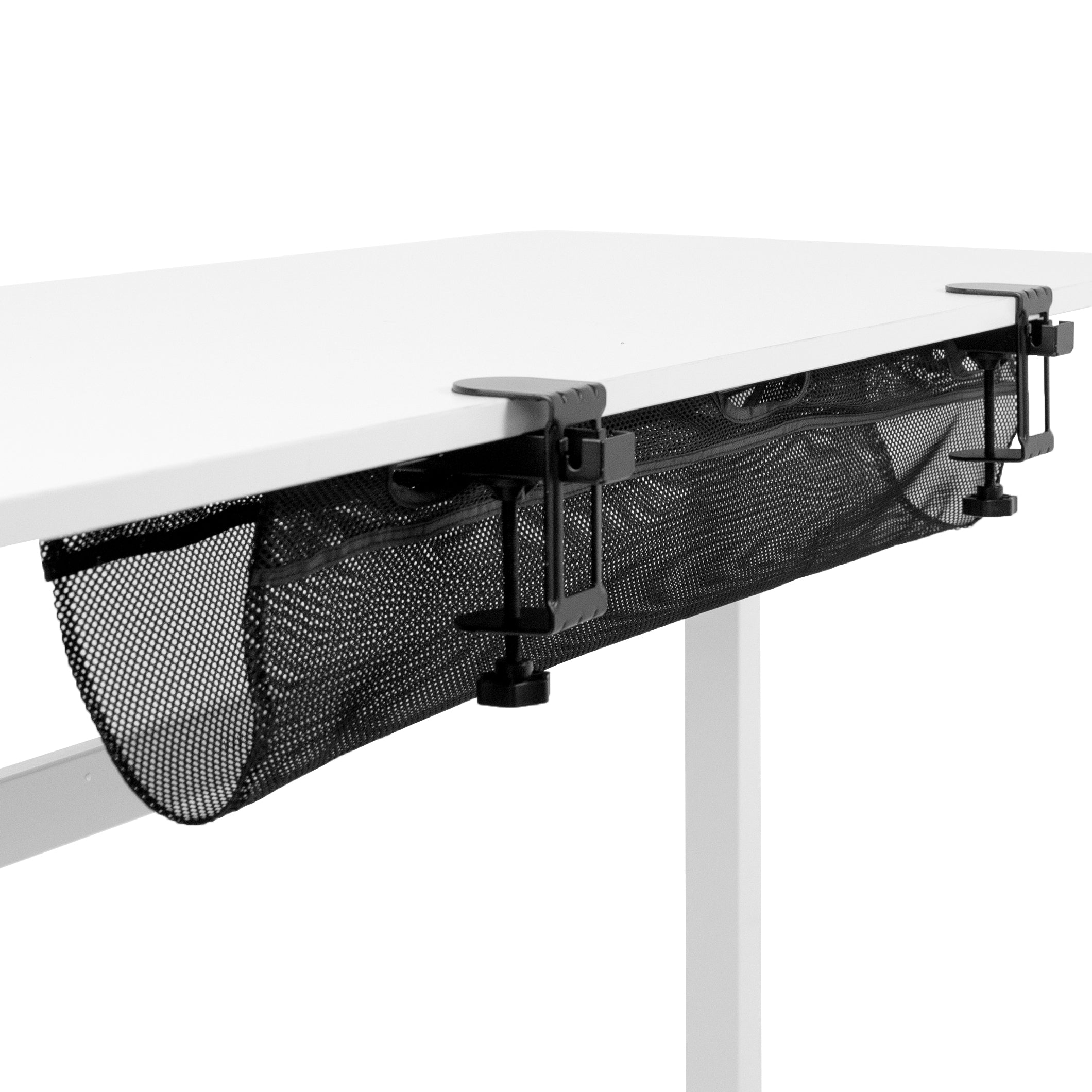 Long clamp on cable management net attached to a desk.