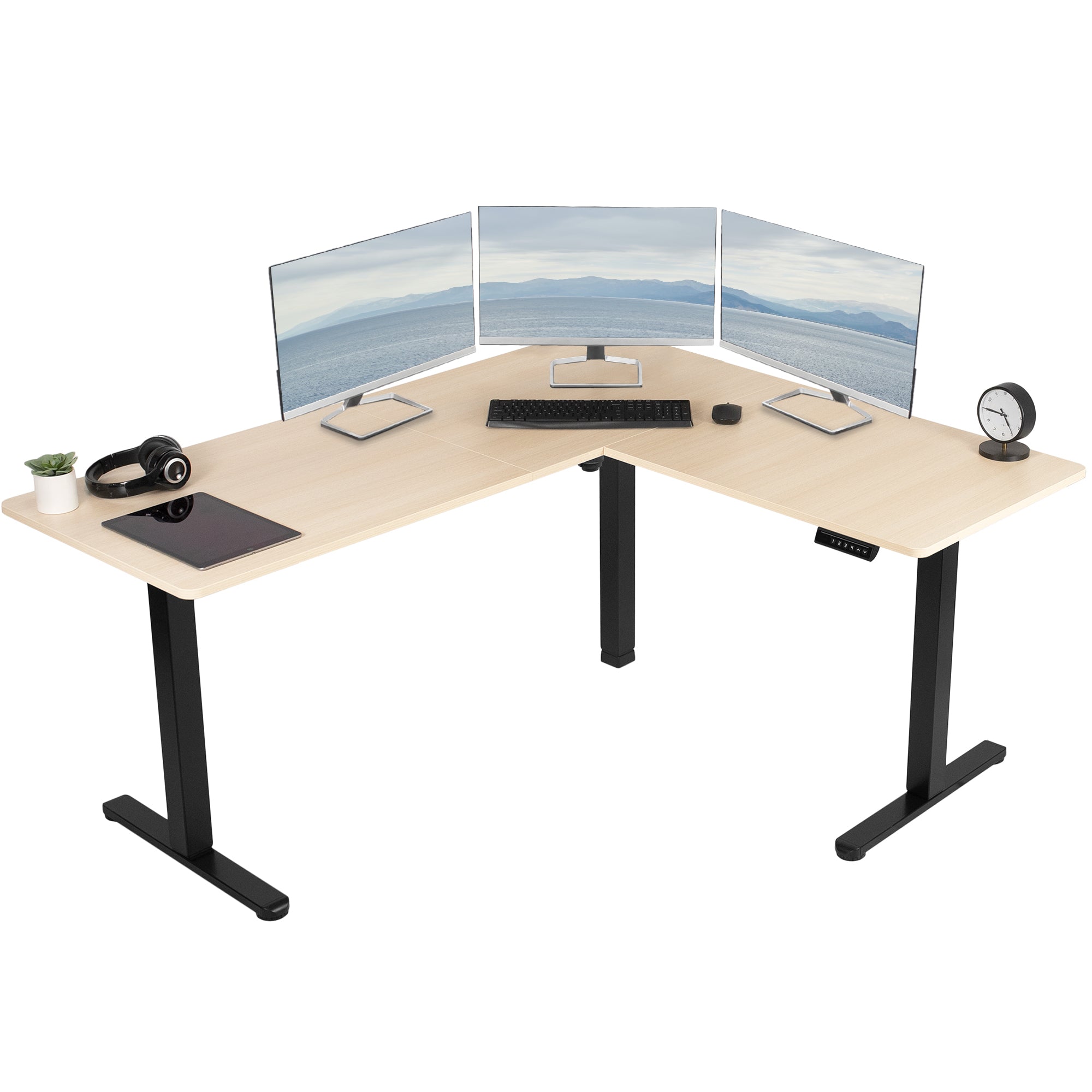 Electric heavy-duty corner desk workstation for modern office workspaces.