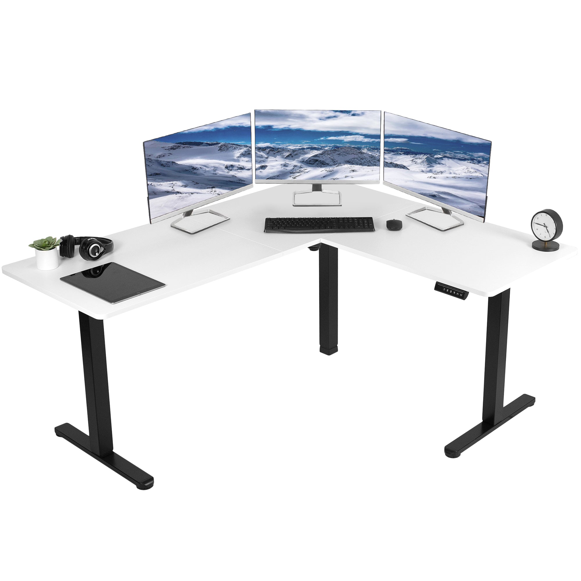 Electric heavy-duty corner desk workstation for modern office workspaces.