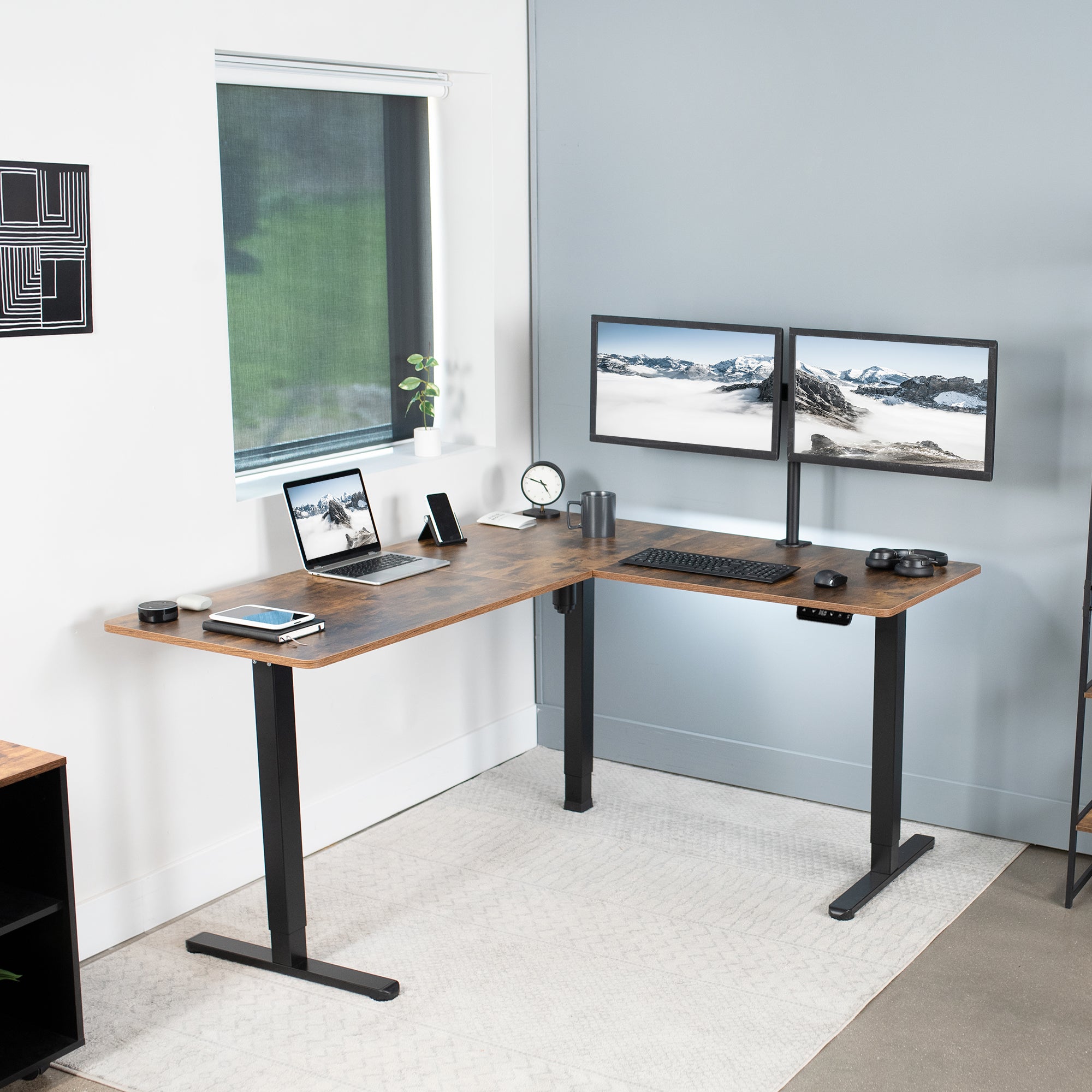 Rustic electric heavy-duty corner desk workstation for modern office workspaces.