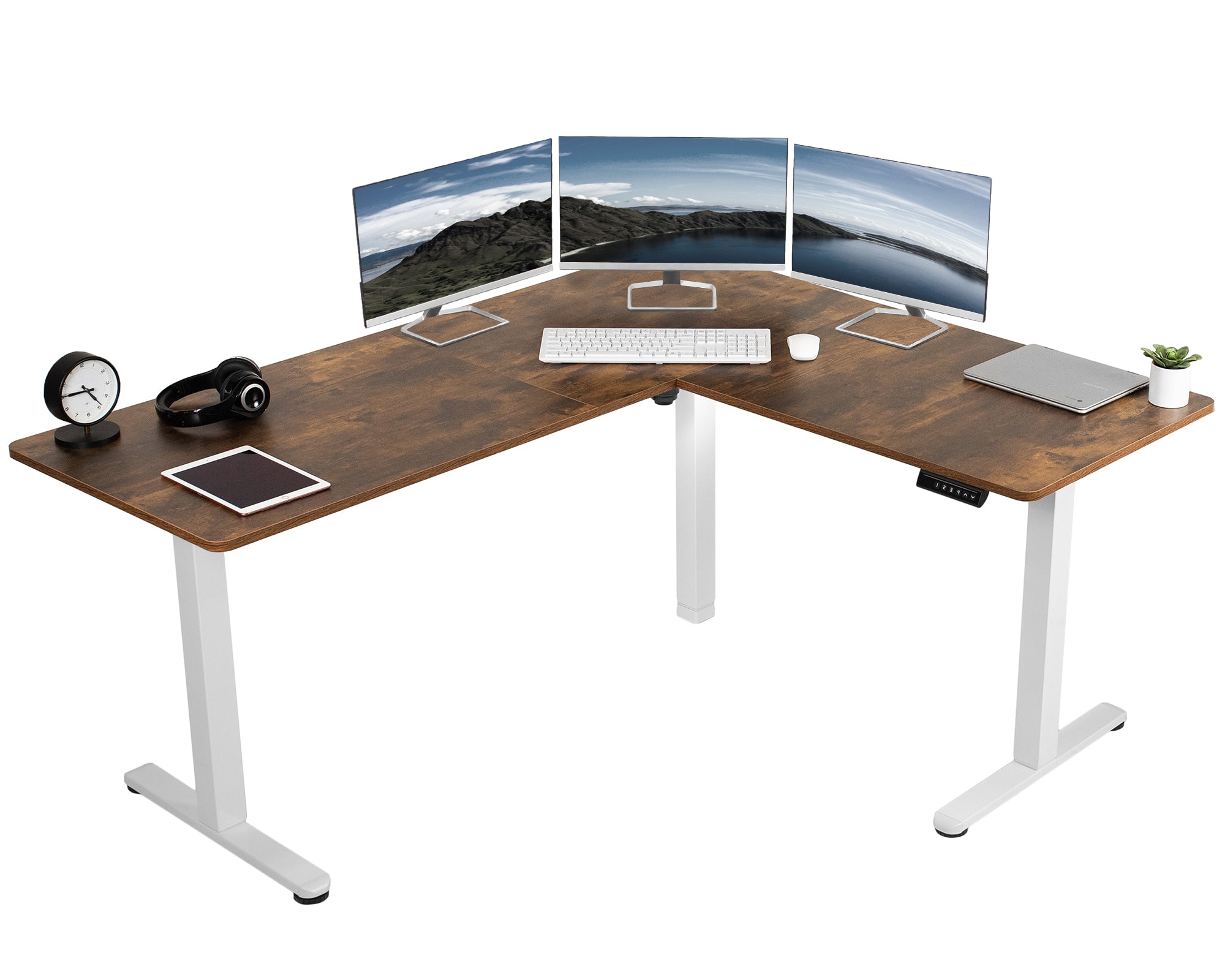 Rustic electric heavy-duty corner desk workstation for modern office workspaces.
