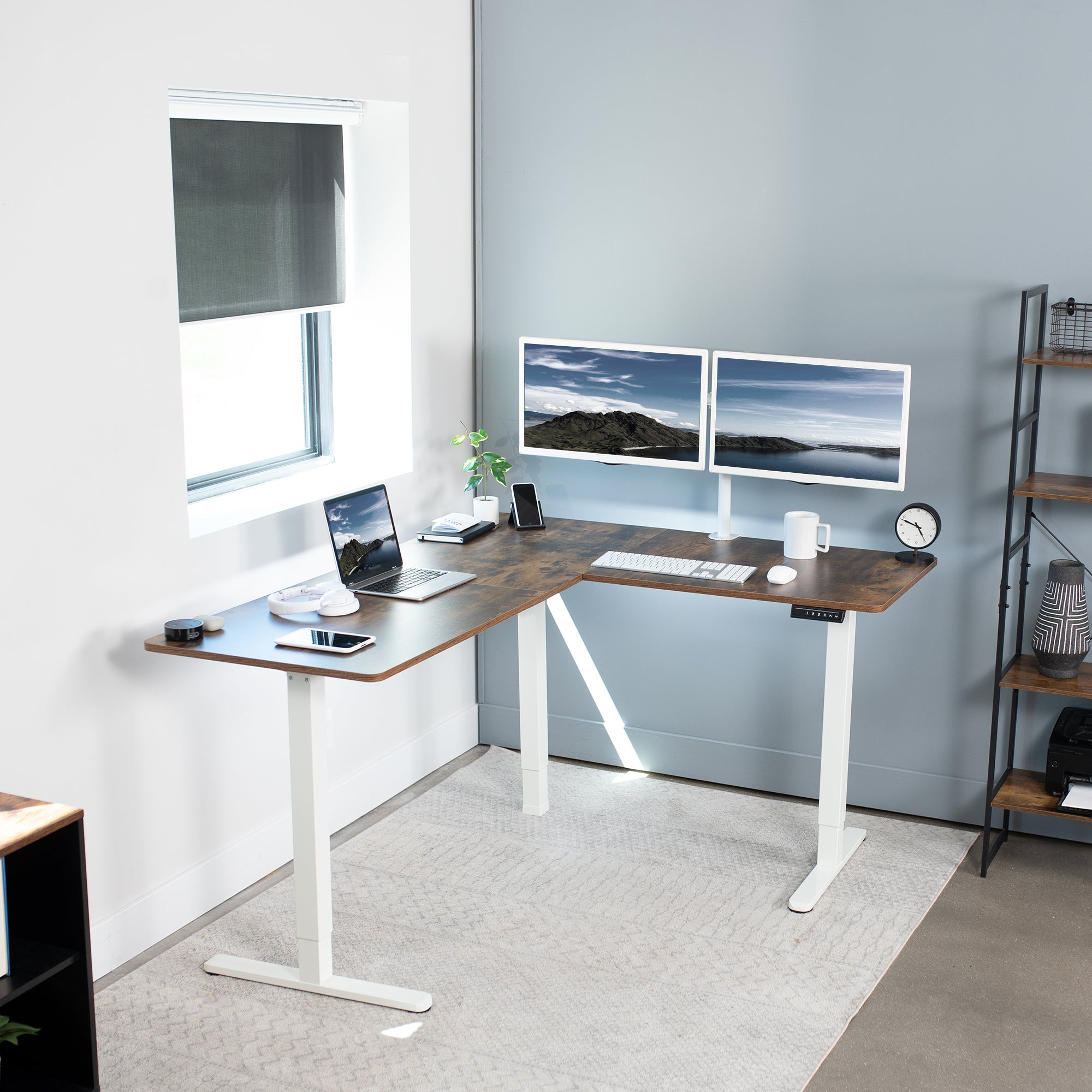 Rustic electric heavy-duty corner desk workstation for modern office workspaces.