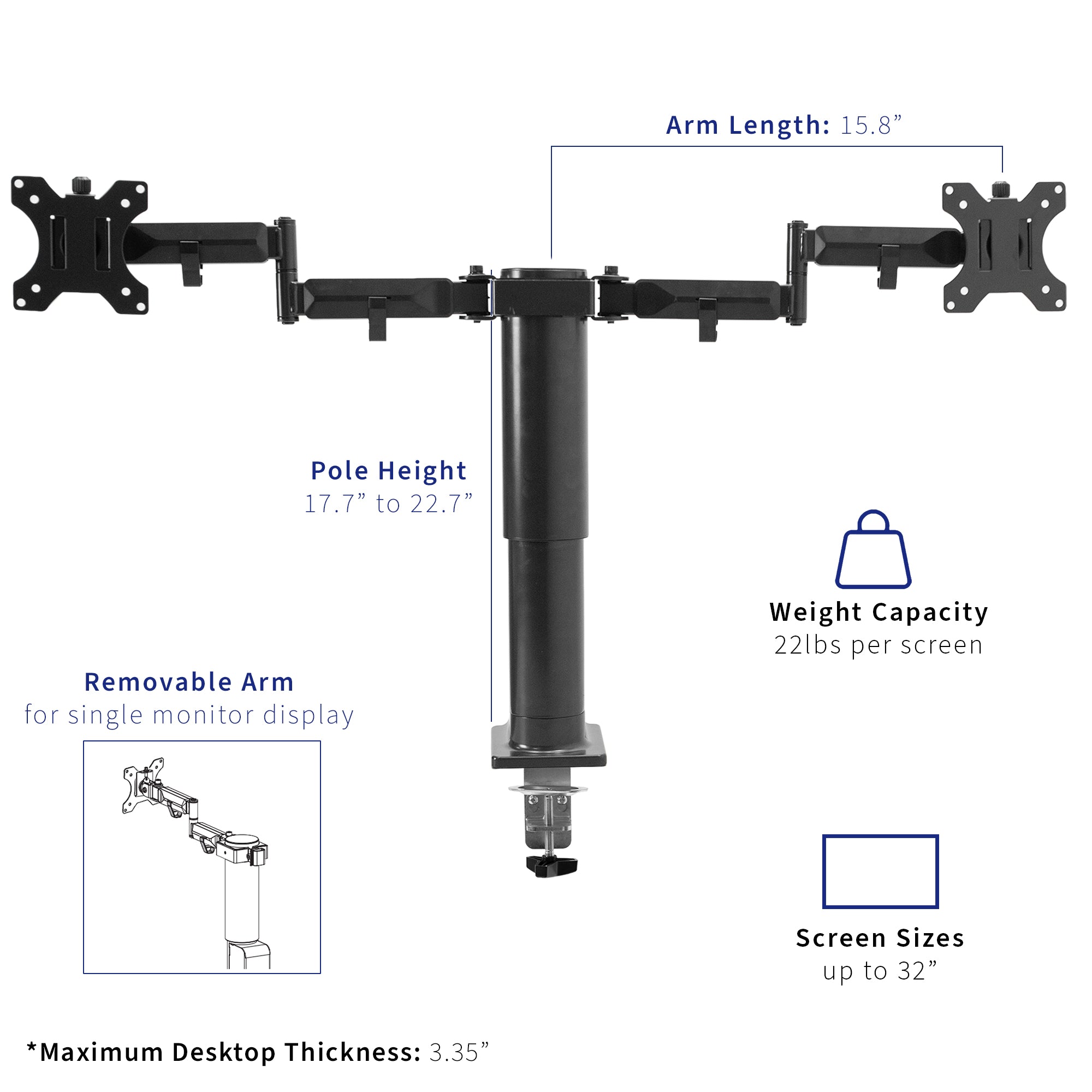 Dual monitor arm length and dimensions.