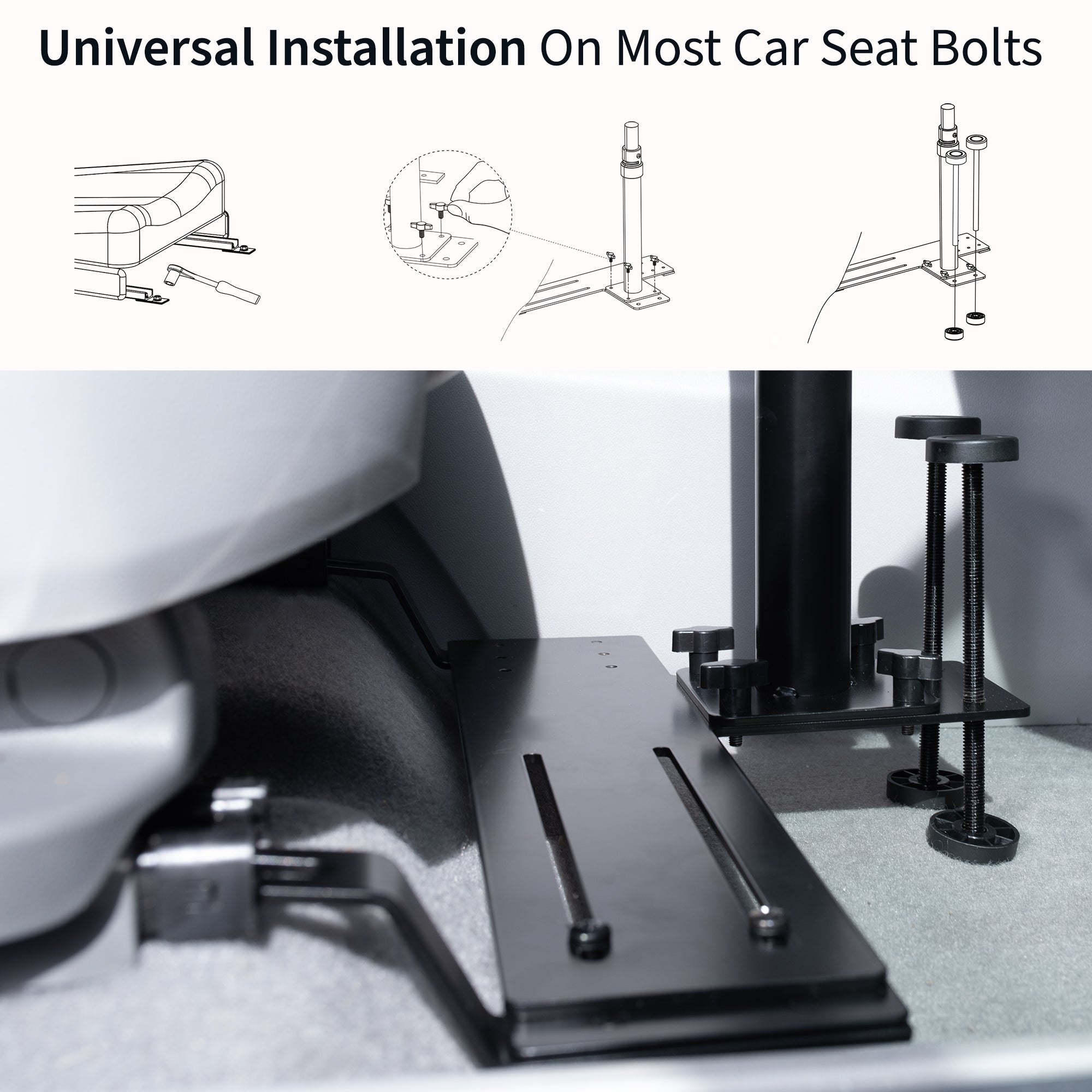 Perfect for on-the-go use, this car laptop stand anchors to the seat bolts on the passenger side chair, providing a secure and sturdy workstation.