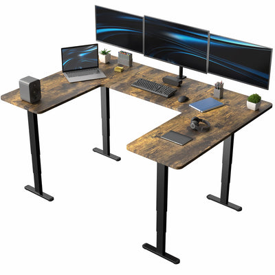 Rustic heavy-duty spacious height adjustable U-shaped electric desk with programmable memory controller.