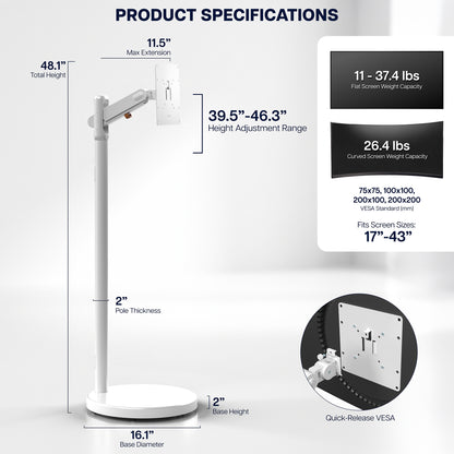Product specifications diagram for a white adjustable monitor stand with dimensions labeled, including total height 48.1 inches, base diameter 16.