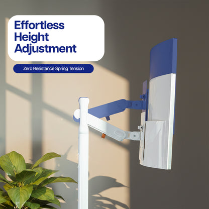 Adjustable monitor stand with a white pole and blue-and-white arm, shown in a styled interior setting with text overlay reading 'Effortless Height Adjustment' and 'Zero Resistance Spring Tension.'.