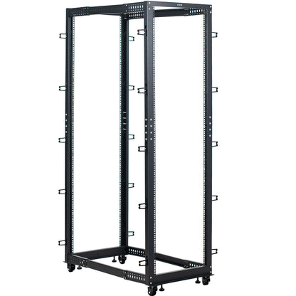 Black metal server rack on a white background