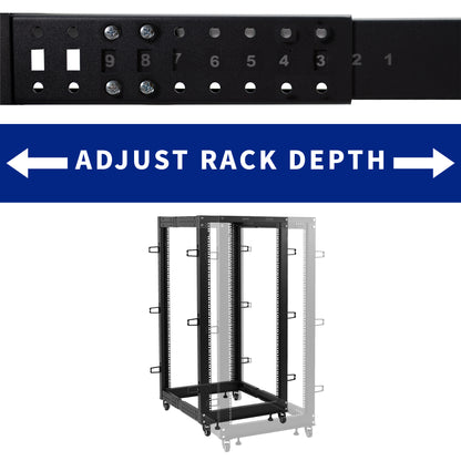 Adjustable rack depth tool with a rack frame below on a white background