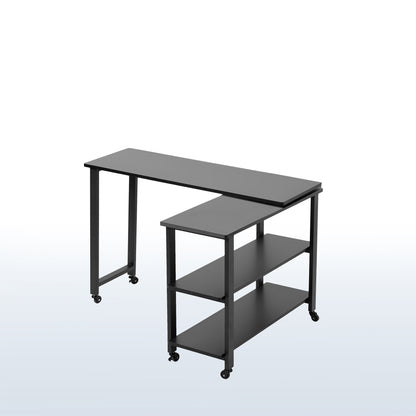 Sleek modern swing out mobile sofa table with shelves and locking wheels.