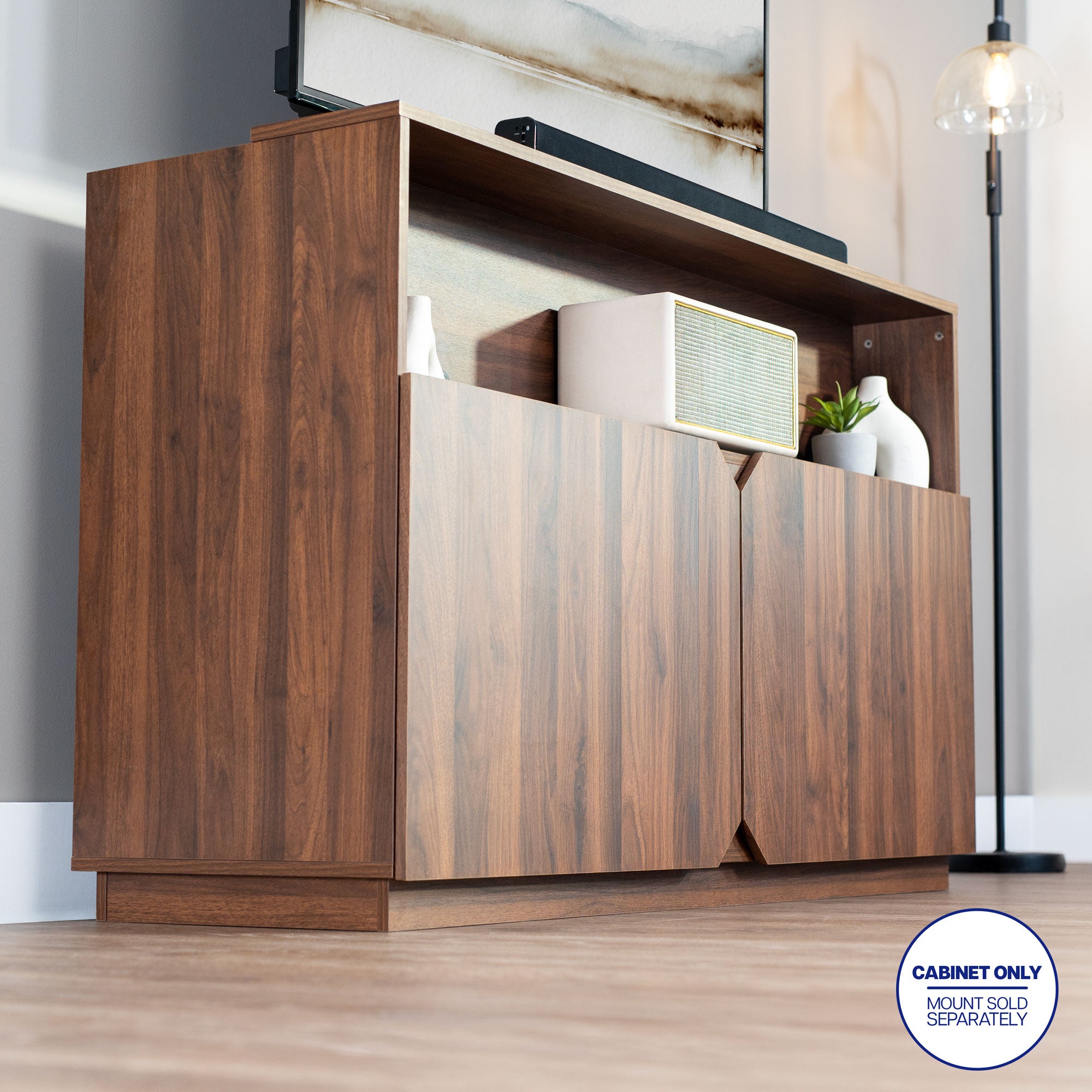Walnut TV lift cabinet with hidden television compartment and space-saving storage for living rooms