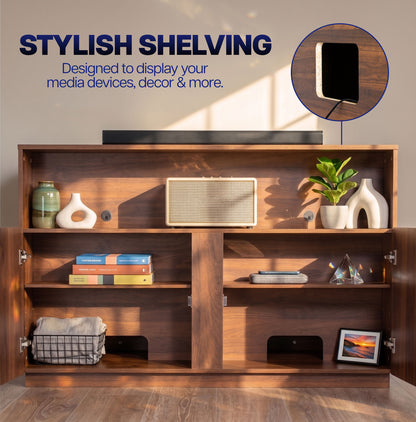 TV lift cabinet with built-in shelves and storage compartments for media devices, decor, and accessories