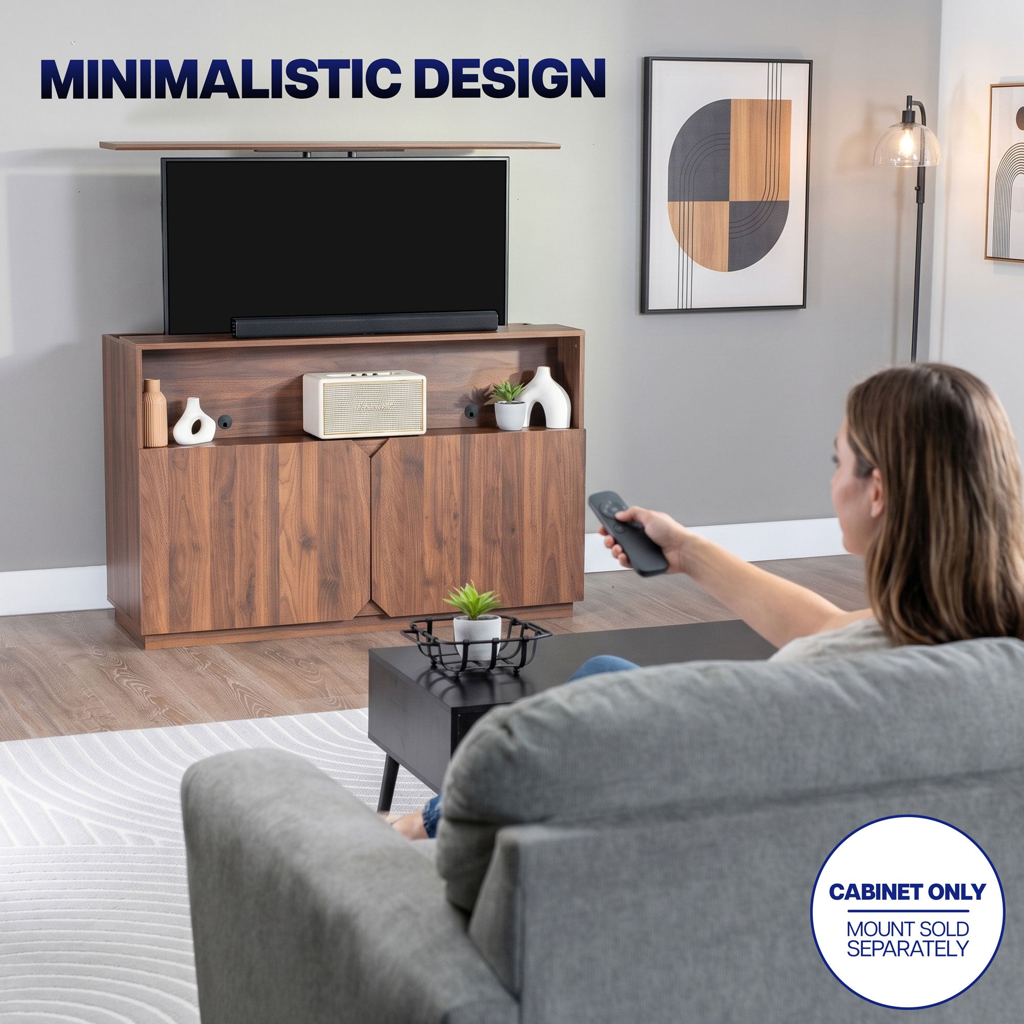 Minimalist TV lift cabinet concealing a flat-screen television for a clean, clutter-free living room