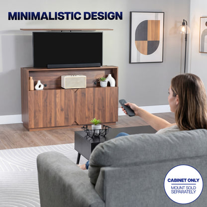 Minimalist TV lift cabinet concealing a flat-screen television for a clean, clutter-free living room