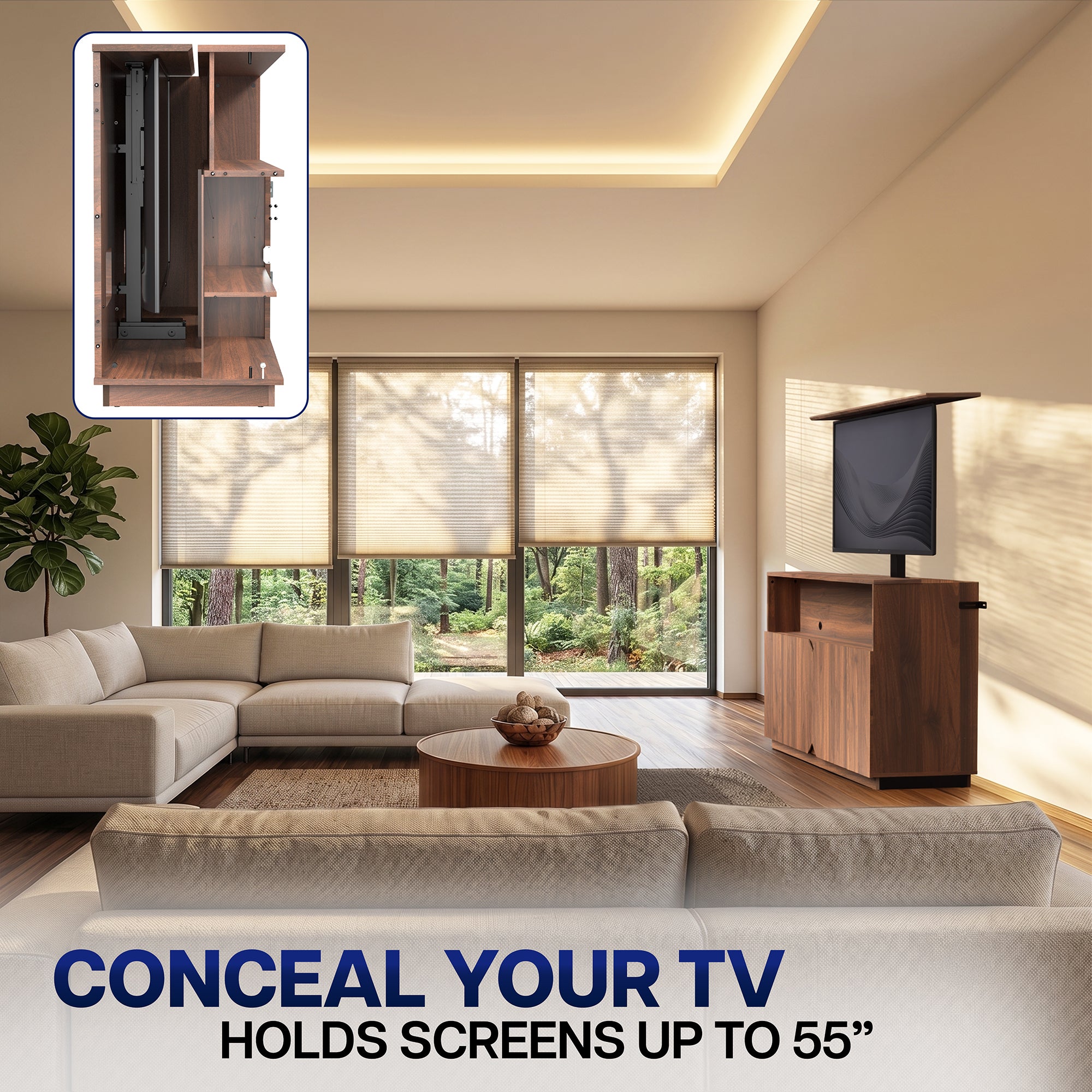 Motorized TV lift cabinet designed to hide a 32-inch to 55-inch television when not in use