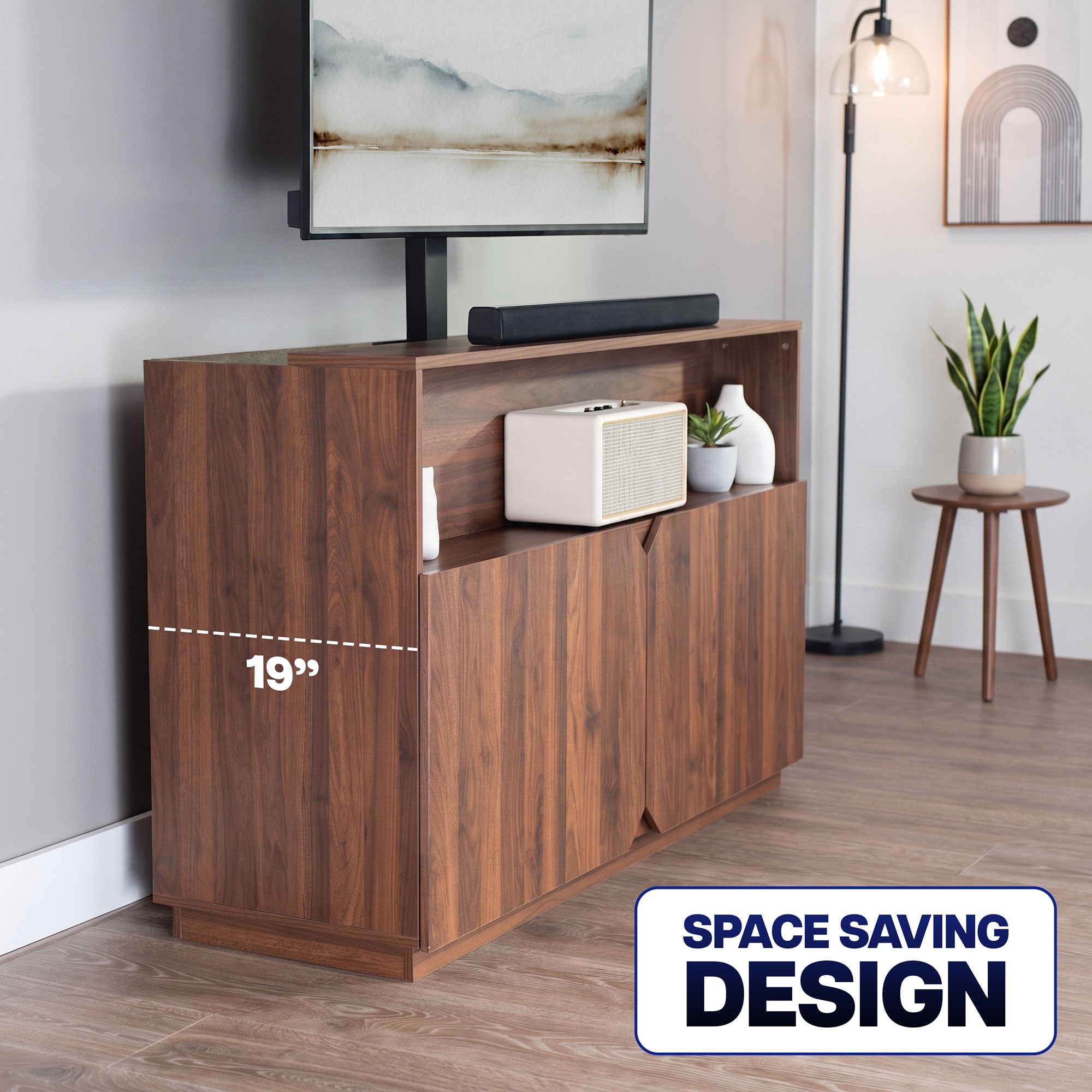 Space-saving TV lift cabinet with hidden motorized TV mount and integrated storage for small living spaces