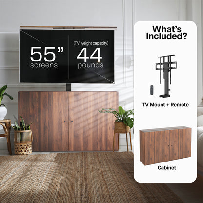 Wooden TV cabinet with a flat-screen TV concealed, in a living room setting.