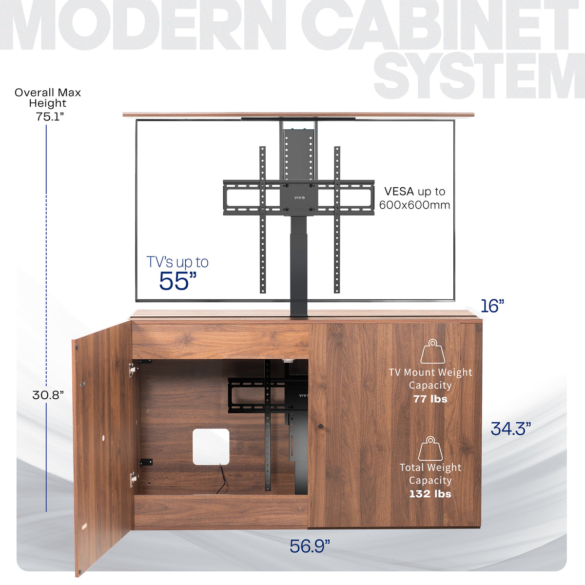 Modern cabinet system with dimensions and specifications labeled.